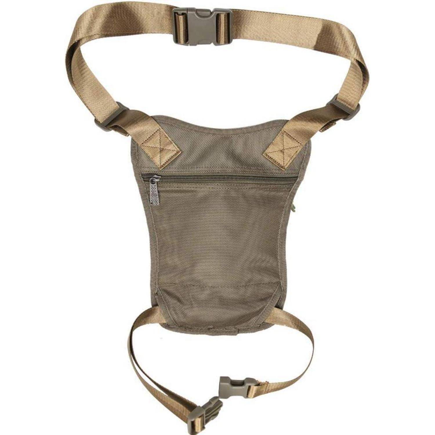 Beige Einsatz-Oberschenkeltasche mit verstellbaren Hüft- und Oberschenkelriemen, gezeigt vor einem einfachen weißen Hintergrund.