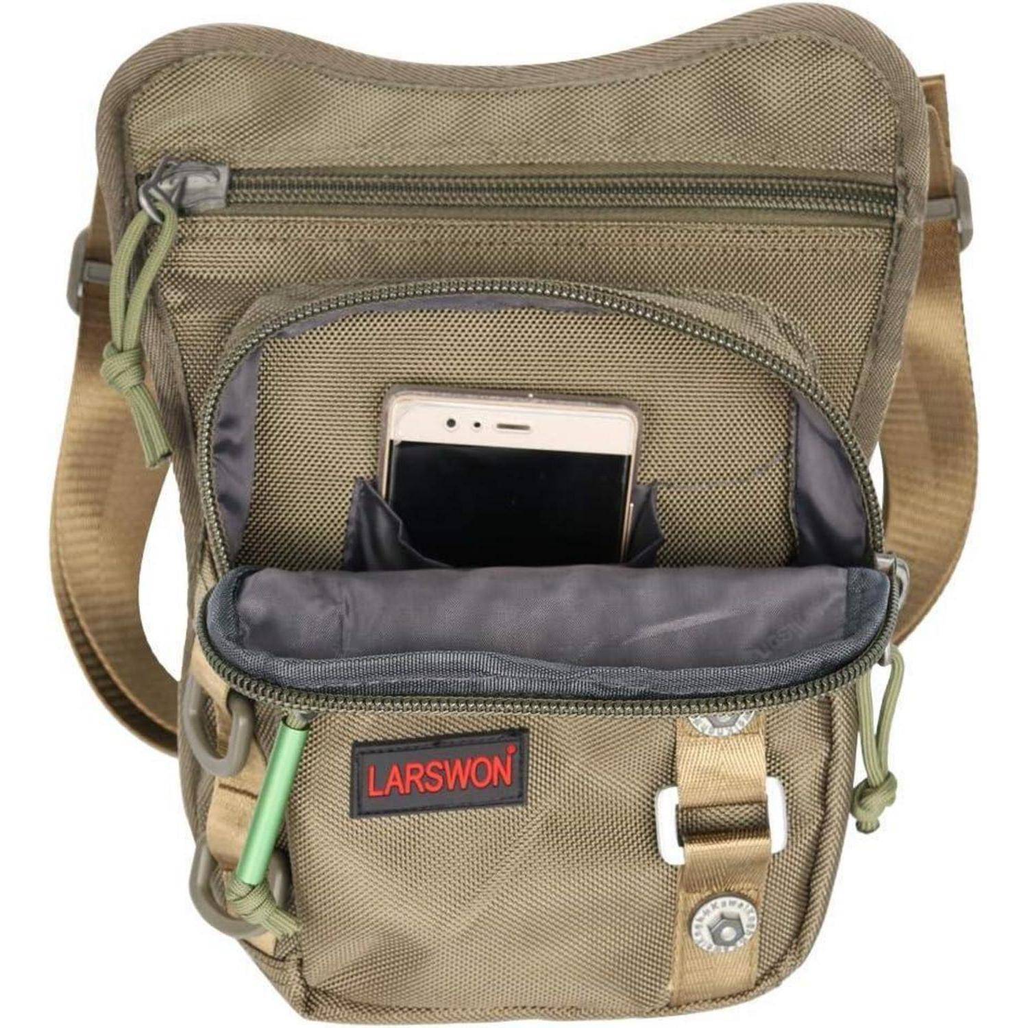 Khakifarbene Umhängetasche mit Vordertasche für Smartphone, Reißverschlussfächern und sichtbarem "LARSWON""-Label.