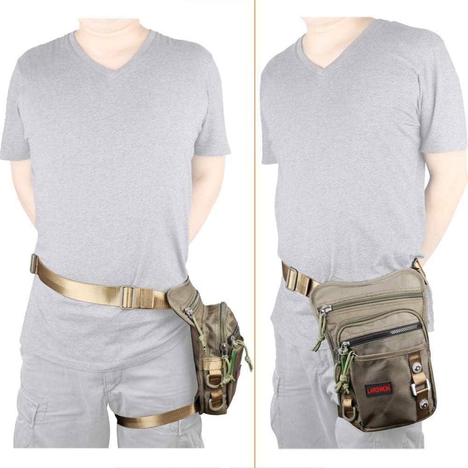 Schaufensterpuppe mit grauem T-Shirt und Shorts mit beigem taktischen Gürtel und einer khakifarbenen Hüfttasche, die an der Hüfte getragen wird, von vorne und von der Seite gezeigt.