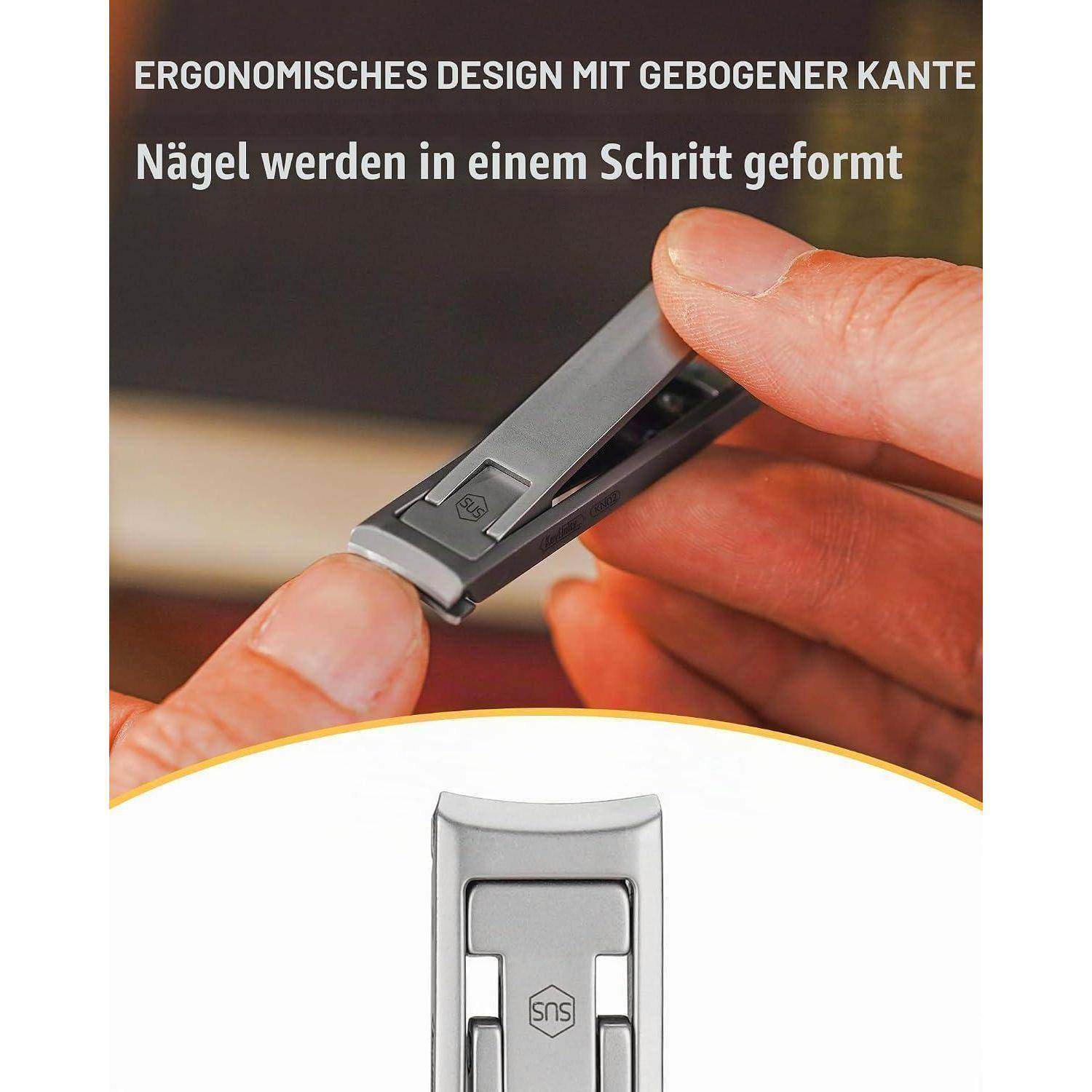 Nahaufnahme einer Nagelzange, die auf einem Fingernagel verwendet wird, mit deutschem Text, der die ergonomische Gestaltung und die einstufige Nagelformung hervorhebt.