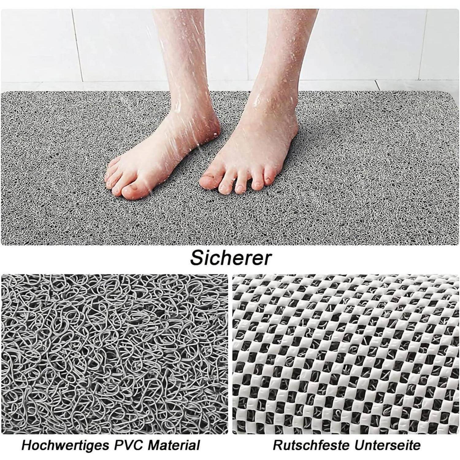 Barfüße stehen auf einer grauen rutschfesten Badmatte, mit Vergrößerungen, die das PVC-Material und die rutschfeste Unterseite zeigen.
