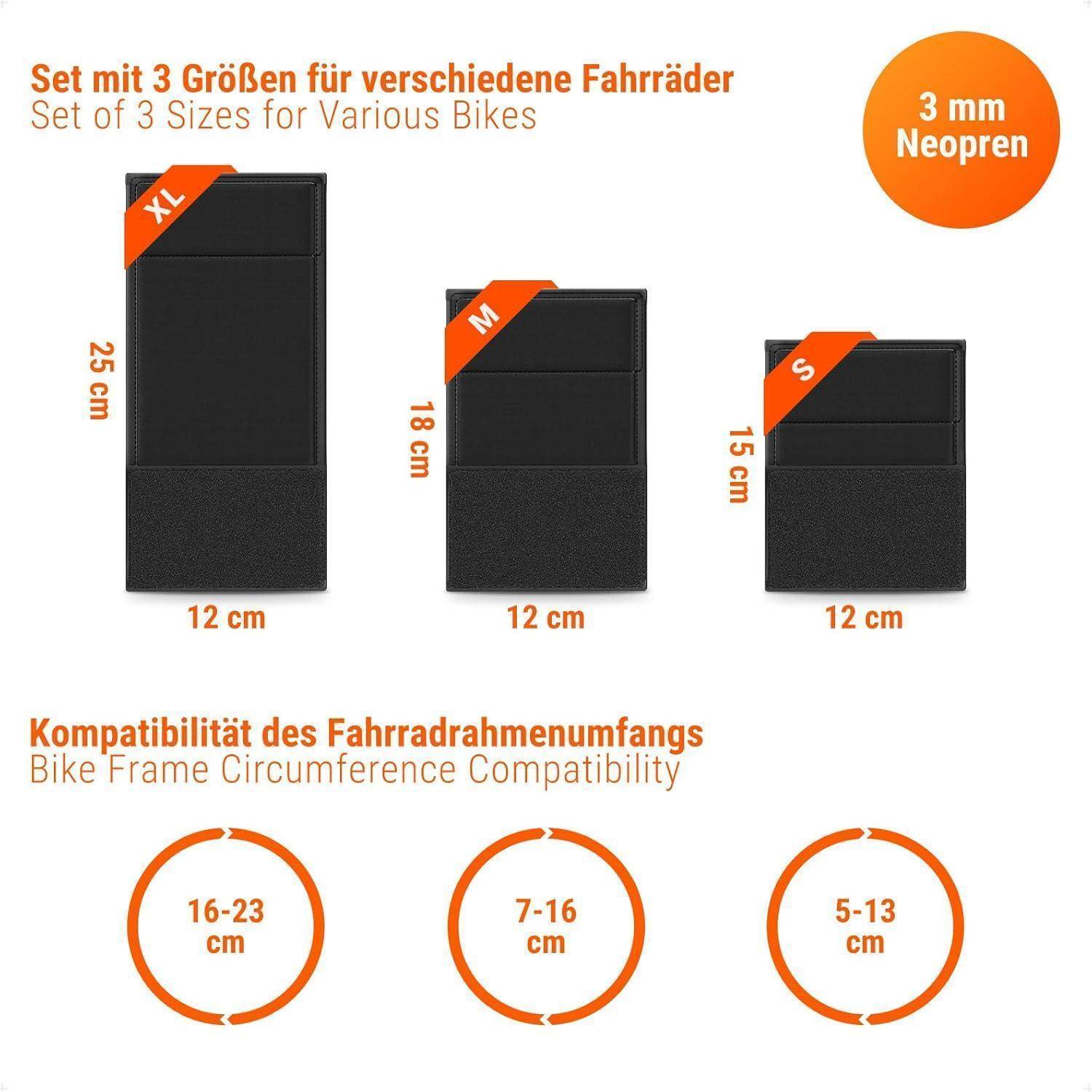 Infografik mit 3 Neopren-Fahrradrahmen-Schutzvorrichtungen in den Größen XL, M und S mit den Abmessungen 25x12 cm, 18x12 cm und 15x12 cm; kompatibel mit 16-23 cm, 7-16 cm und 5-13 cm Rahmenumfang.