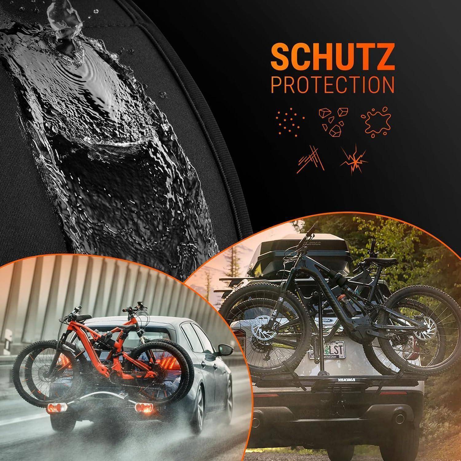 Schutz Protection-Werbung, die Fahrradträger mit Fahrrädern auf Fahrzeugen zeigt und den Schutz vor Wasser, Schmutz und Stößen hervorhebt.