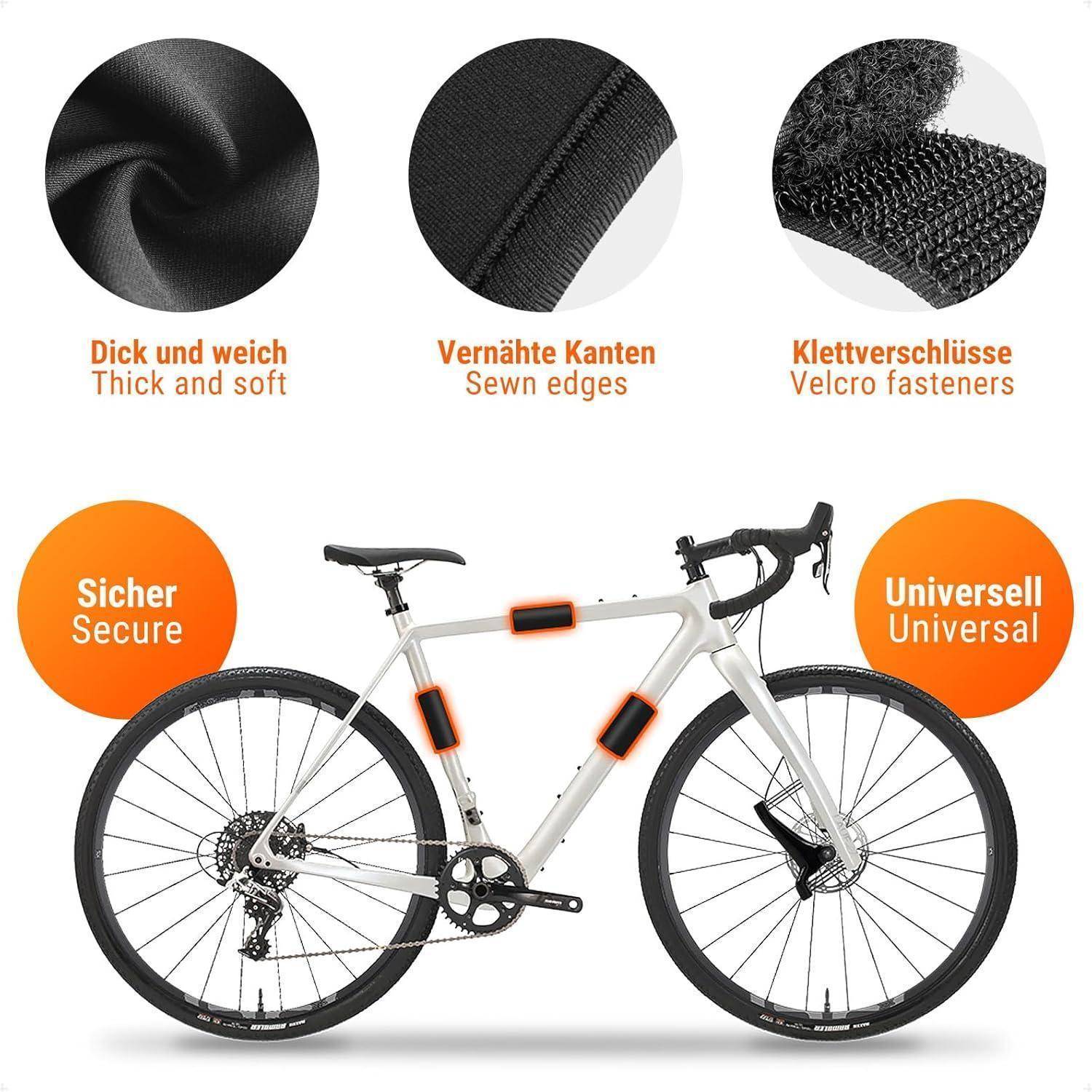 Fahrradrahmen-Schutzpolster aus dickem weichem Material, mit genähten Kanten und Klettverschlüssen, gezeigt montiert auf einem Rennrad und gekennzeichnet als sicher und universell.
