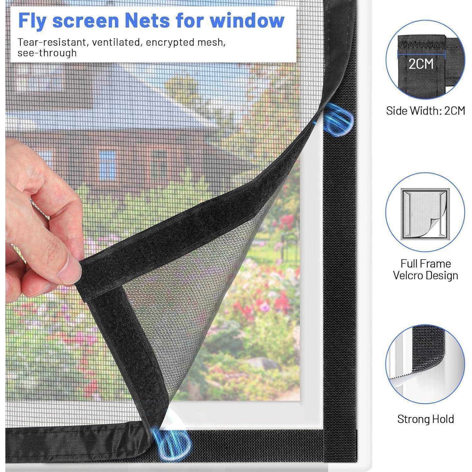 Produktbild eines Fenster-Fliegengitters mit Klettverschlussrahmen; zeigt reißfestes Mesh, 2 cm Seitenbreite und starken Halt zum Insektenschutz.