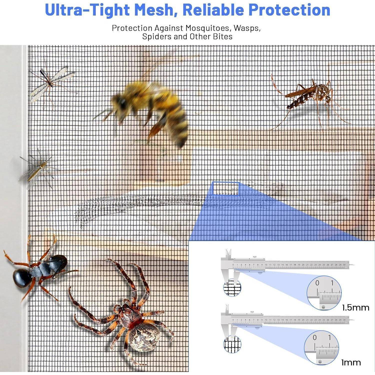 Anzeige für ultrafeines Moskitonetz zum Schutz vor Mücken, Wespen, Spinnen und anderen Insektenstichen, zeigt Insekten, die durch ein feines Sieb blockiert werden, sowie Maschenöffnungen von 1,5 mm und 1 mm.