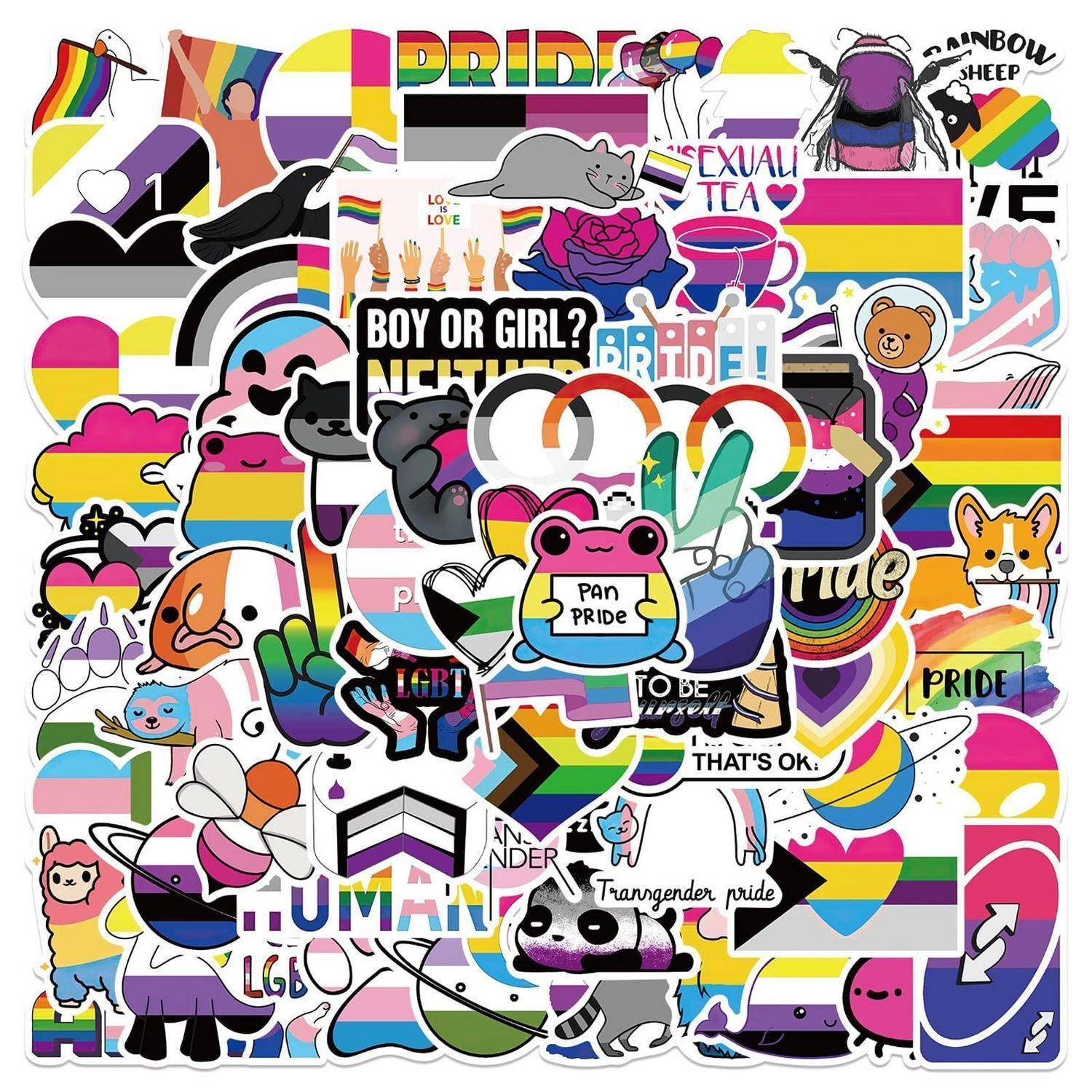 Collage aus sich überlappenden LGBTQ+-Stolzaufklebern und Symbolen in Regenbogenfarben, einschließlich Flaggen, Herzen, Slogans und Cartoon-Figuren.
