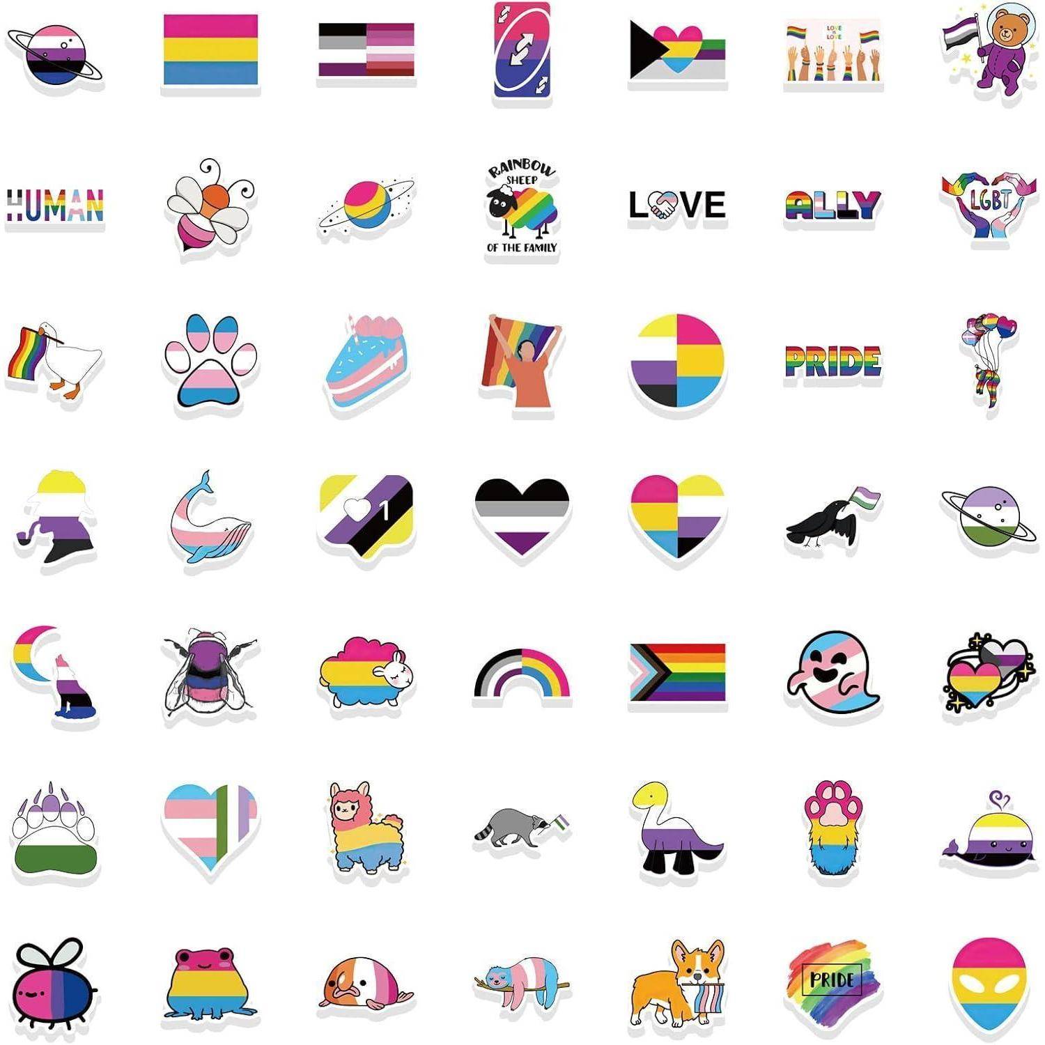 Collage aus farbenfrohen LGBTQ+-Pride-Aufklebern und Symbolen, einschließlich Regenbogenflaggen, Herzen, Pfoten, Text wie „PRIDE