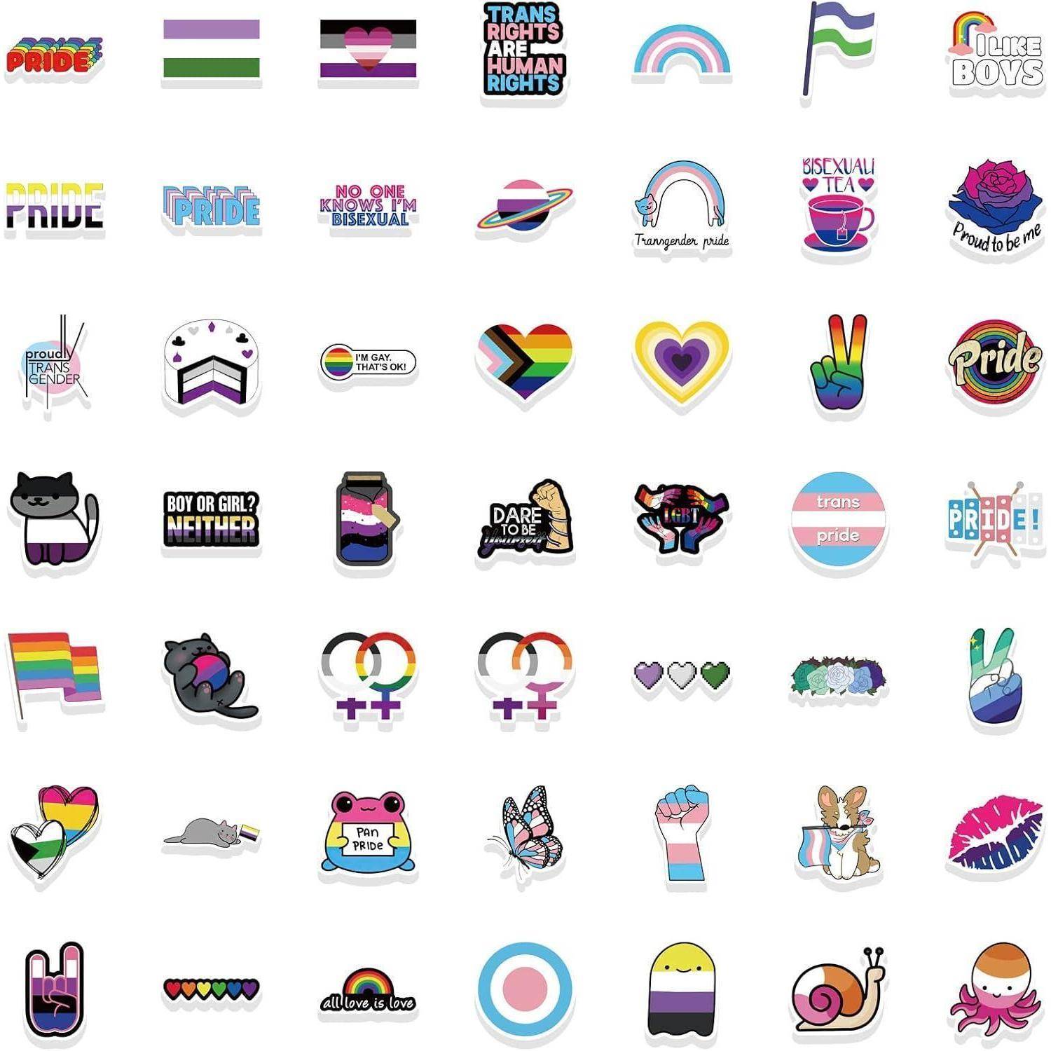 Ein Gitter aus bunten LGBTQ+-Pride-Aufklebern und Symbolen, darunter Regenbogenflaggen, Herzen, Symbole und Text wie „Pride