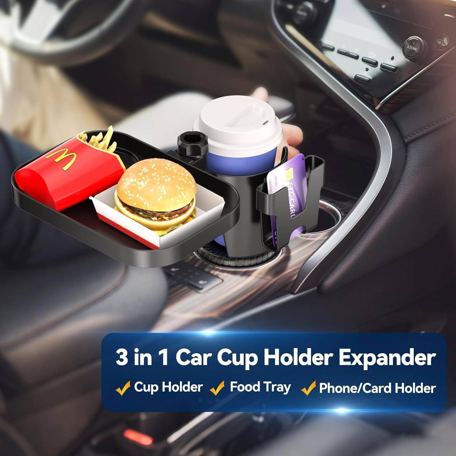 Getränkehalter-Expander für Autos hält ein Getränk, Burger und Pommes, mit einem Telefon-/Kartenhalter und einem Tabletts für Lebensmittel im Autoinnenraum.