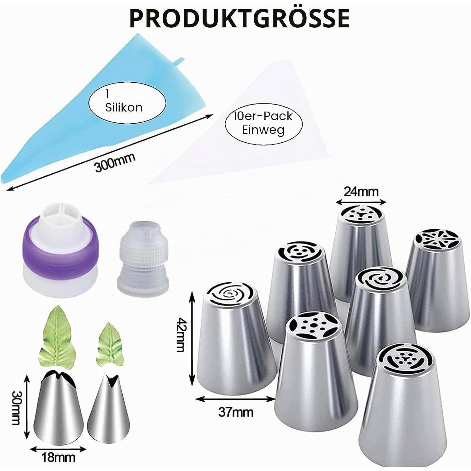 Produktgrößendiagramm, das ein Silikon-Teil und 10er-Pack Einweg-Spitzen vergleicht, mit Abmessungen: 300 mm, 42 mm, 37 mm, 24 mm, 30 mm und 18 mm.
