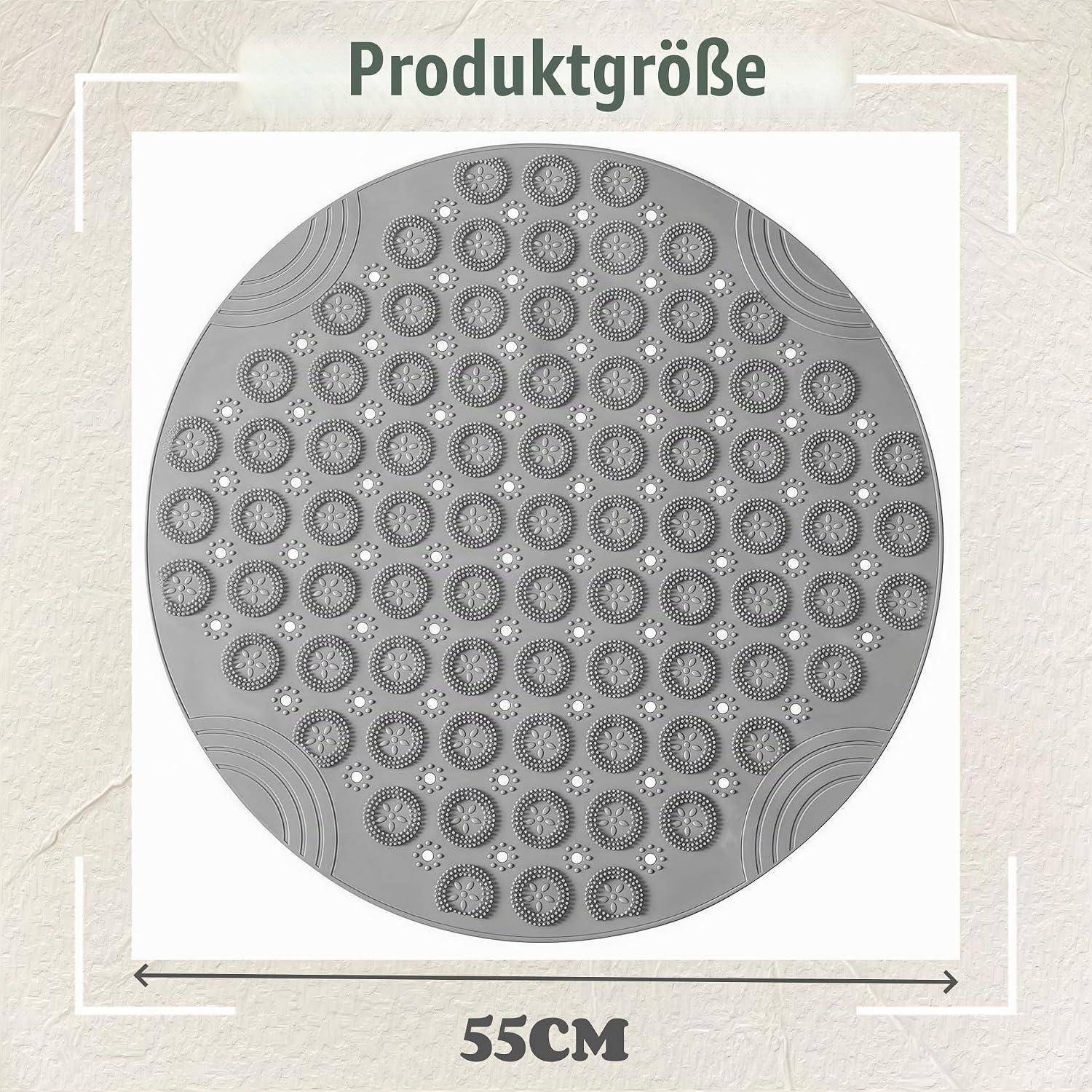 Größendiagramm des Produkts zeigt eine runde graue Matte mit gemusterten Kreisen, beschriftet mit 55 cm über den Durchmesser.