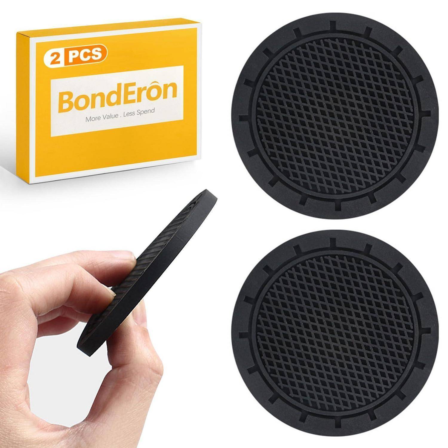 Produktbild von 2 BondEron runden schwarzen Mesh-Lüftungsabdeckungen, gezeigt mit Verpackung und einer Hand, die eine hält, um ihr dünnes Profil zu zeigen.
