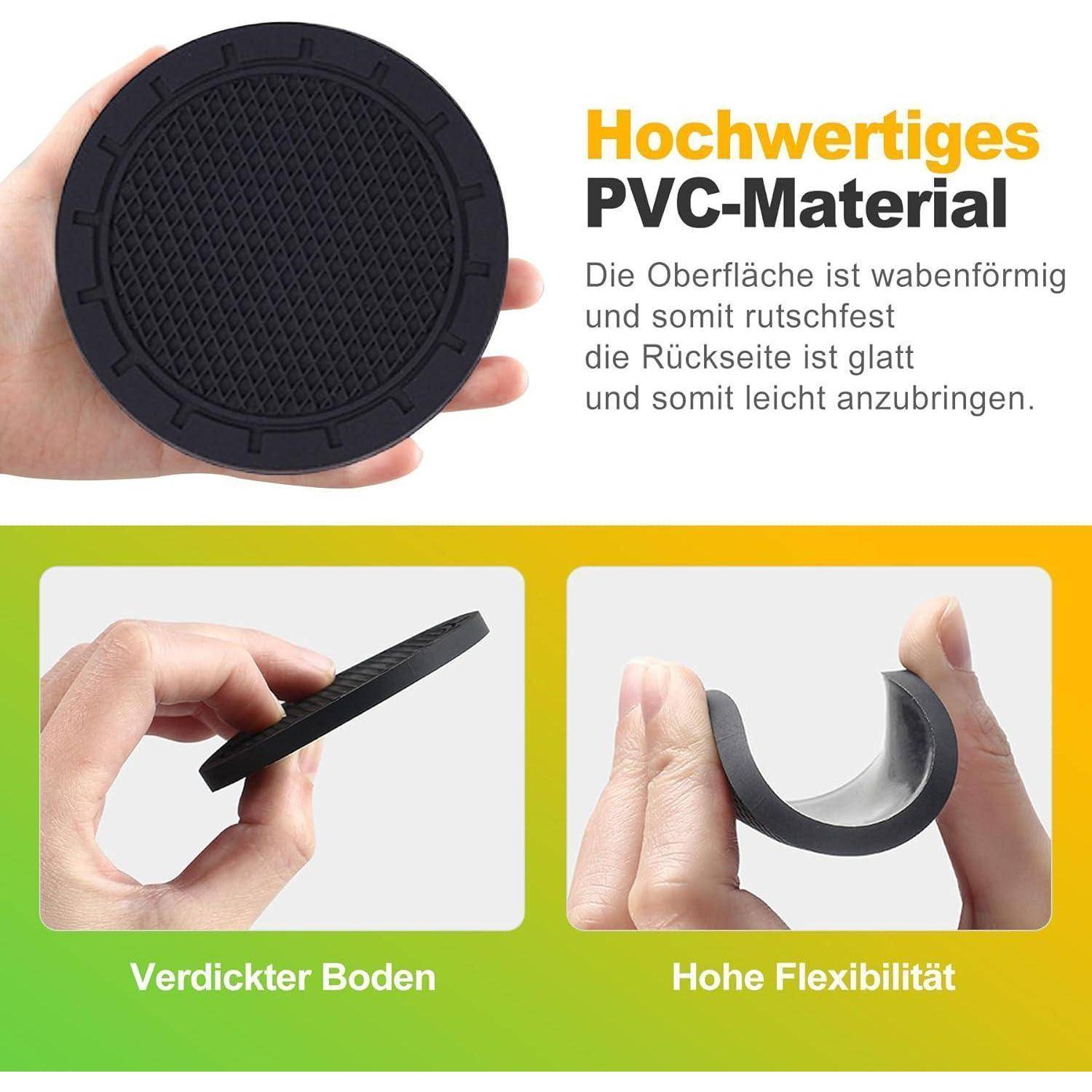 Werbebild zeigt eine schwarze runde PVC-Abdeckung in einer Hand, die eine strukturierte rutschfeste Oberfläche, glatte Rückseite, dicke Basis und hohe Flexibilität hervorhebt.