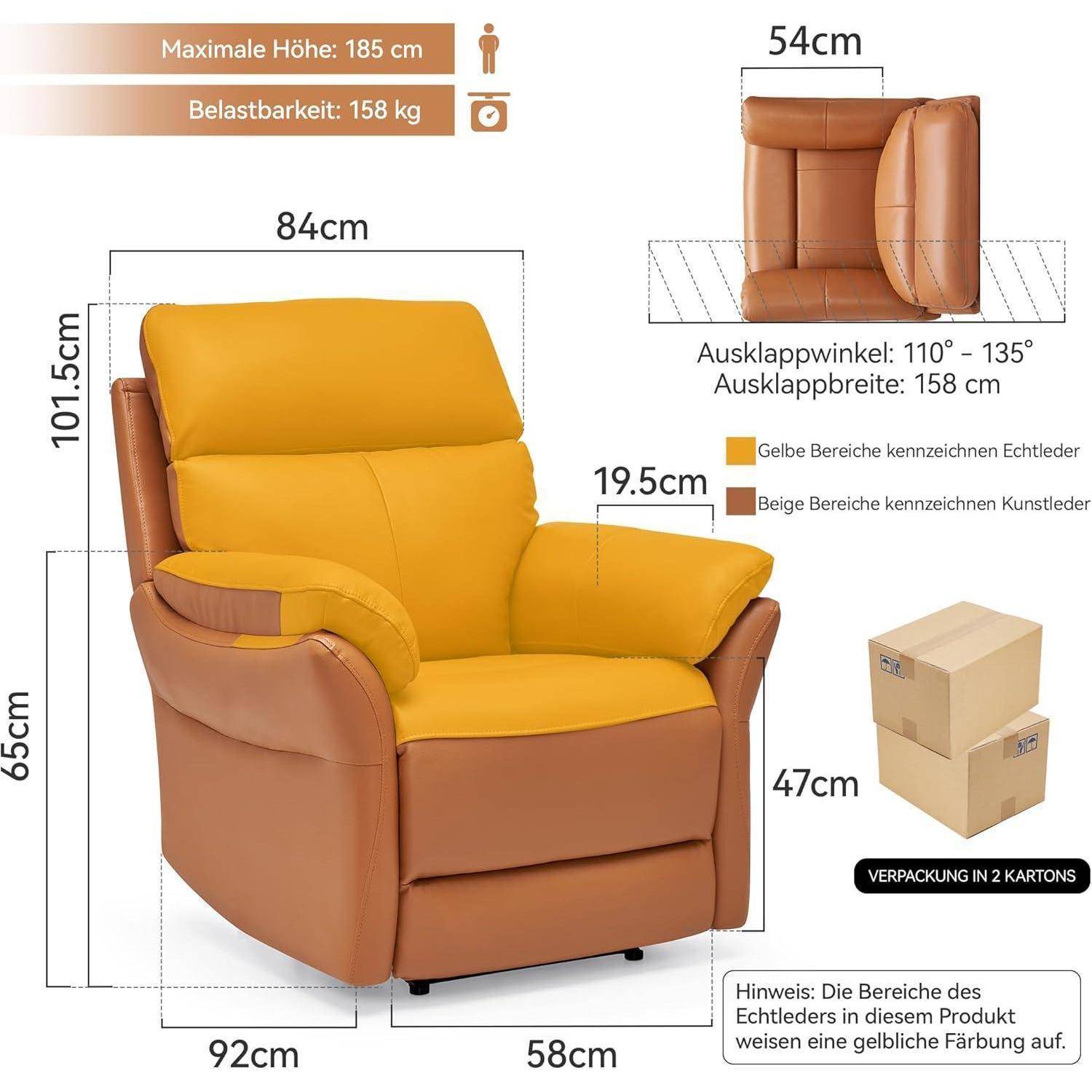Diagramm eines tan/gelben gepolsterten Fernsehsessels mit Abmessungen, maximale Höhe 185 cm, Tragfähigkeit 158 kg, Neigungswinkel 110°-135°, und Verpackung in 2 Kartons.
