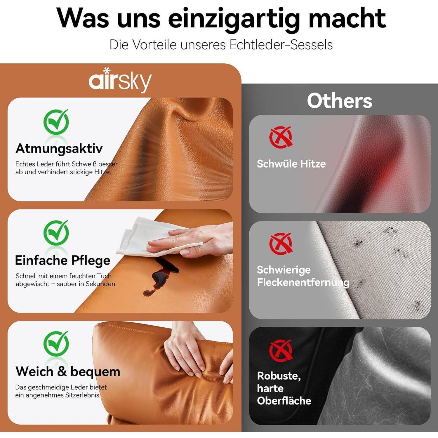 AIRSKY Relaxsessel Echtleder manuell verstellbar orange
