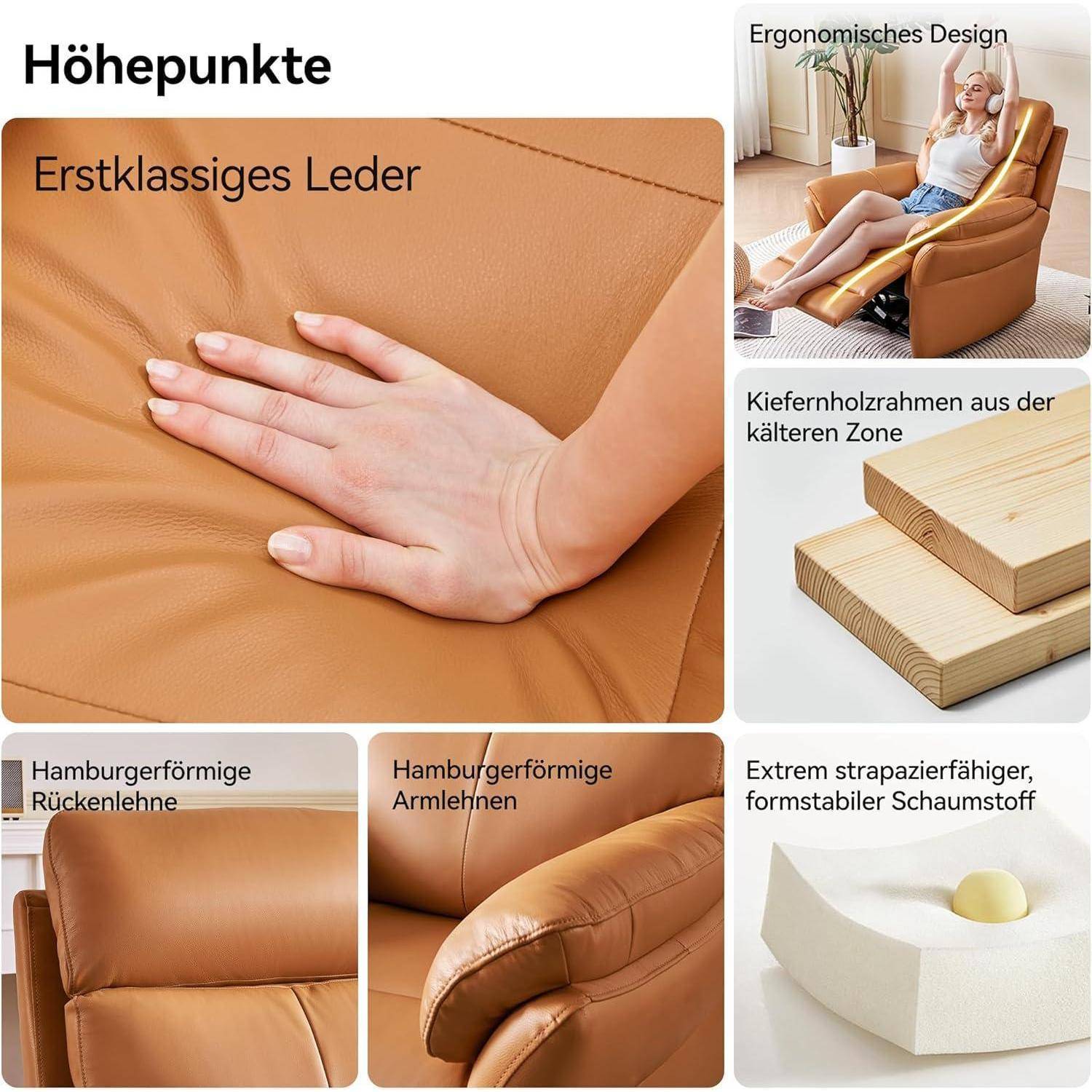 Deutsches Produktkollage, das Stuhleigenschaften hervorhebt: Prämiumleder, ergonomisches Design, Kiefernholzrahmen, hamburgerförmige Rückenlehne und Armlehnen sowie langlebarer geformter Schaum.