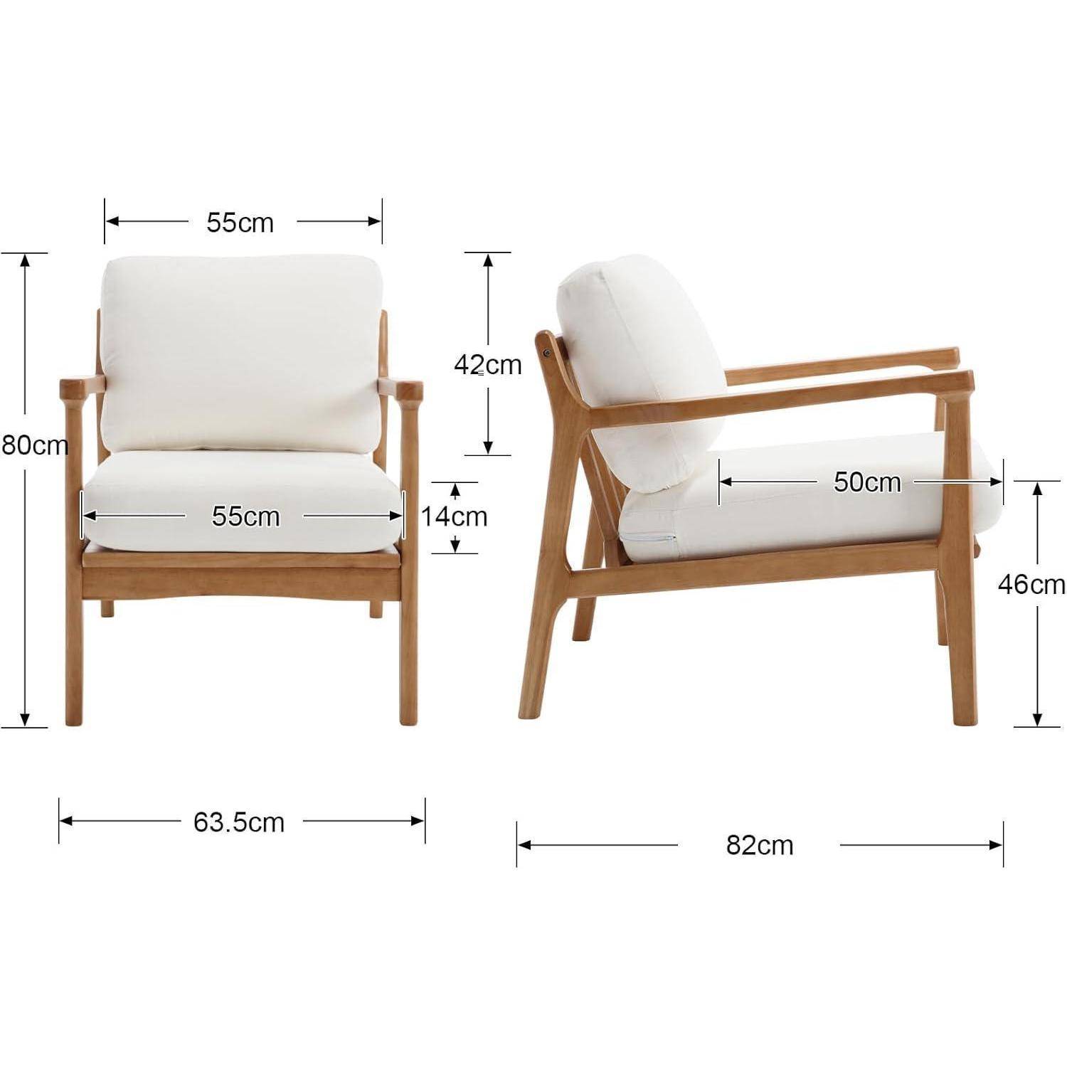 Zweiansicht-Produktbild eines Holzlehnstuhls mit weißen Kissen, mit folgenden Abmessungen: 80 cm Höhe, 63,5 cm Breite, 82 cm Tiefe, 55 cm Sitzbreite, 50 cm Sitztieef.