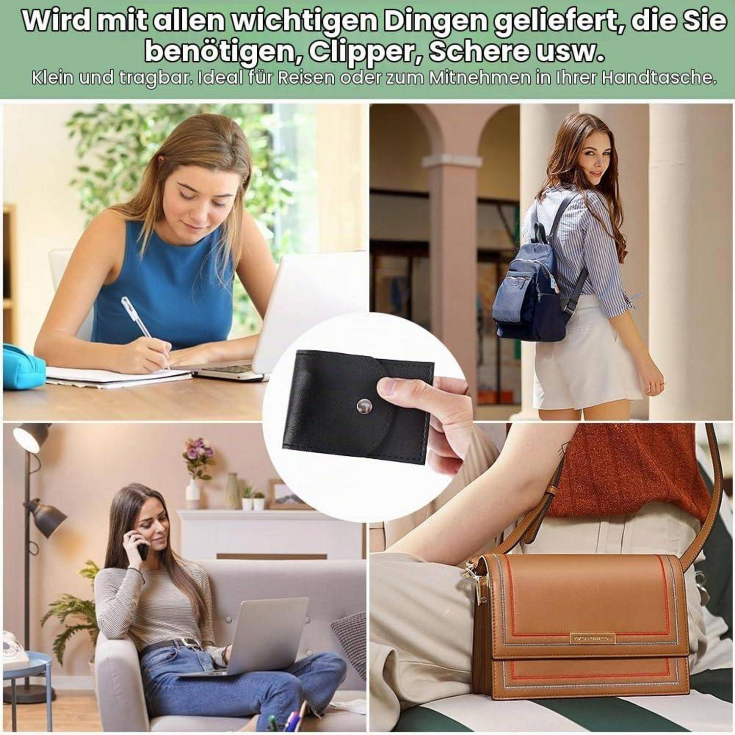 Werbekollage einer kompakten Geldbörse/eines Beutels, gezeigt mit einem Studenten, Rucksack und Umhängetasche; deutscher Text besagt, dass sie Essentials, Clips und Scheren enthält und ideal zum Reisen oder zum Tragen in einer Handtasche ist.