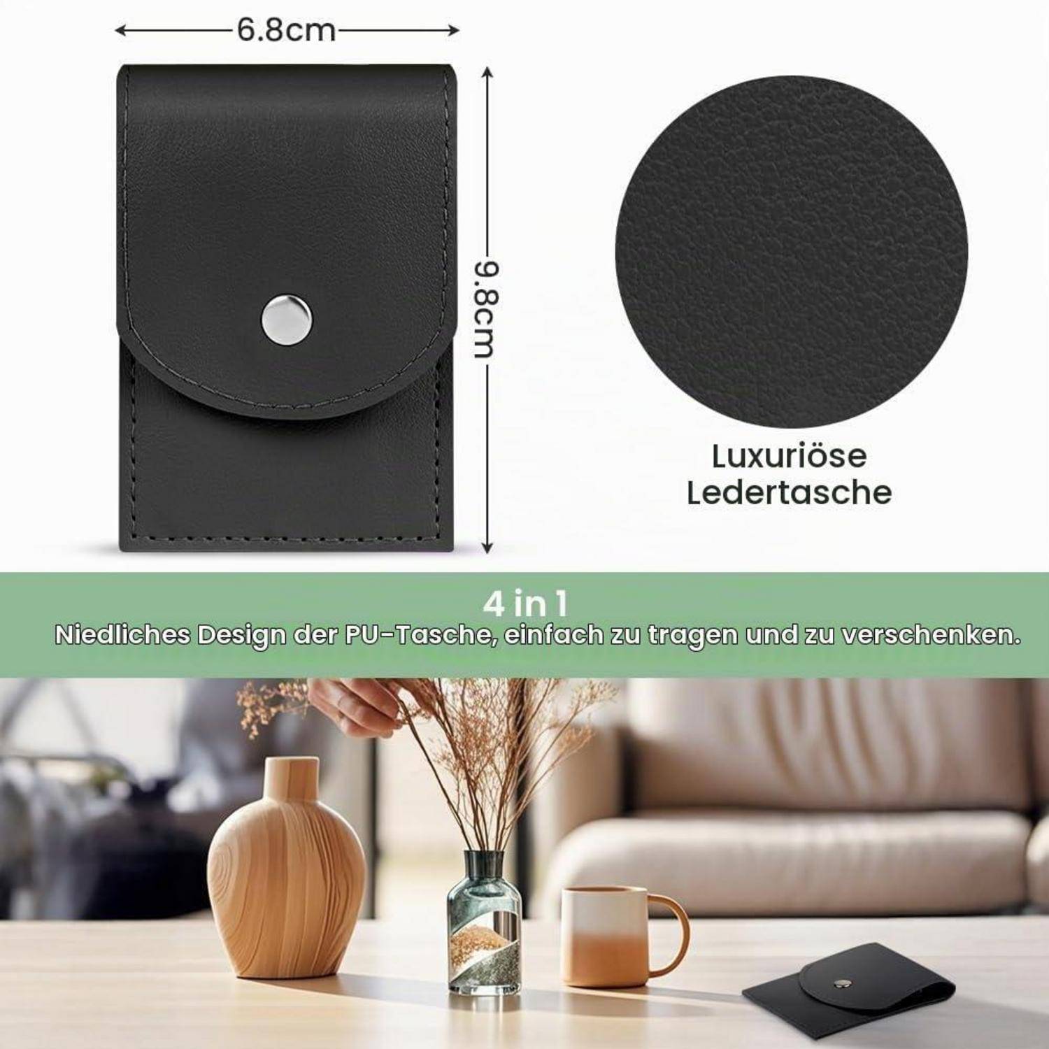 Schwarze Handtasche aus PU-Leder mit den Abmessungen 6,8 cm x 9,8 cm; beschriftet mit „Luxuriöse Ledertasche