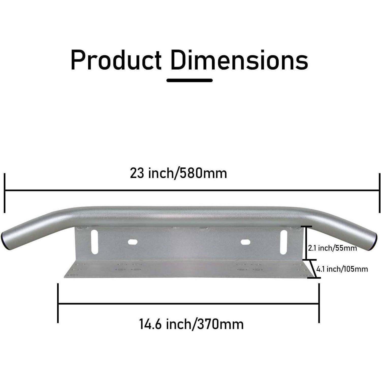 Produktabmessungen eines Metallgriffs: 23 Zoll/580 mm breit, 14,6 Zoll/370 mm Basis, 2,1 Zoll/55 mm hoch, 4,1 Zoll/105 mm tief.