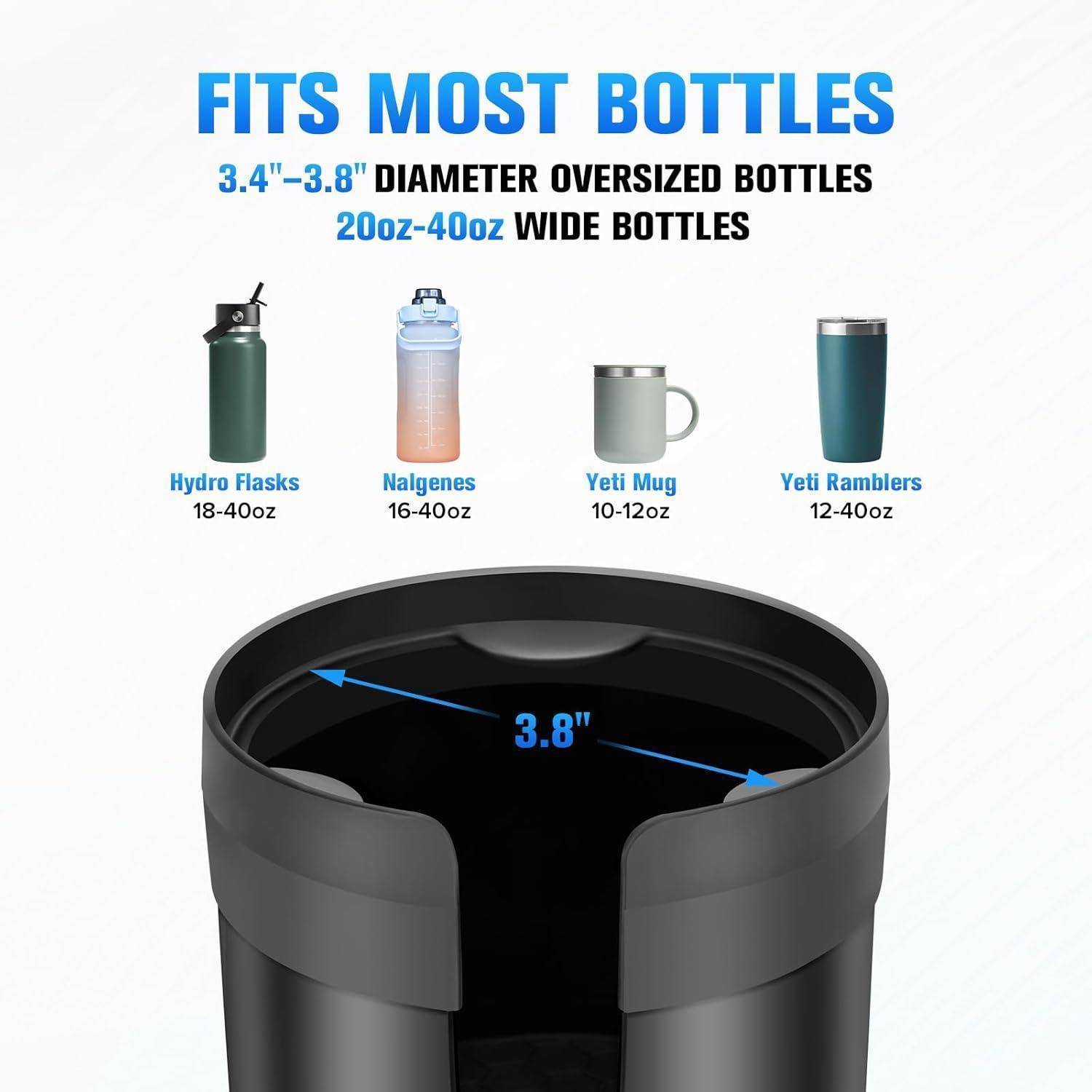 Infografik zeigt einen übergroßen Becherhalter, der zu den meisten Flaschen und Bechern passt, einschließlich Hydro Flasks, Nalgene, Yeti Mug und Yeti Ramblers, mit einer 3,8-Zoll-Öffnung.
