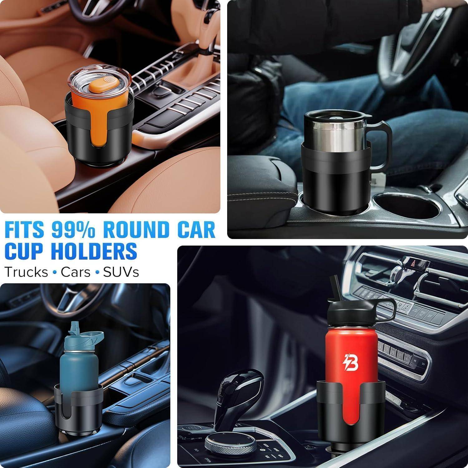 Werbe-Collage eines Becherhalter-Einsatzes, der in 99 % der runden Auto-Becherhalter passt, shown in Trucks, Autos und SUVs, die Flaschen und Tassen halten.