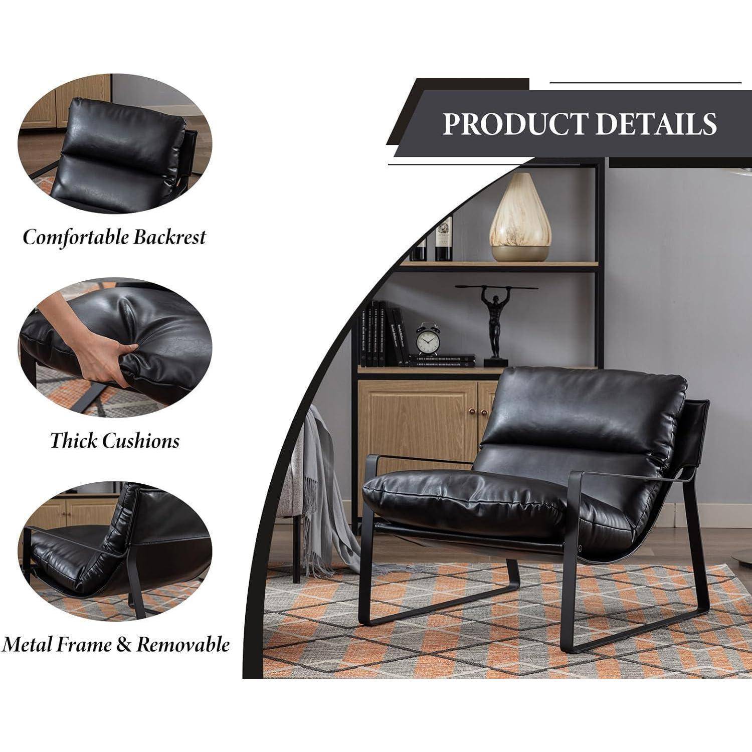 Produktdetails für einen schwarzen Leder-Loungesessel: bequeme Rückenlehne, dicke Kissen und Metallrahmen mit abnehmbarem Bezug.
