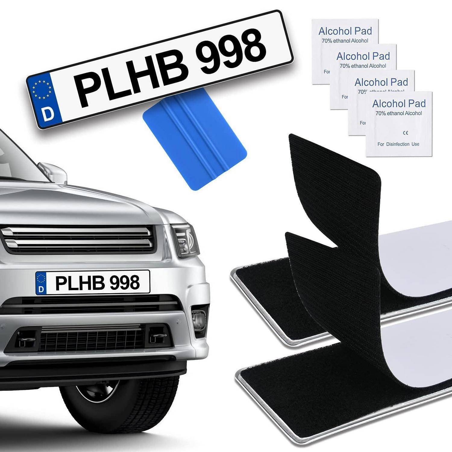 Vorderseite eines silbernen Autos mit Kennzeichen 'PLHB 998' und passendem Kennzeichenrahmen, dargestellt mit blauen und schwarzen Klebebefestigungspads und Alkoholtüchern.