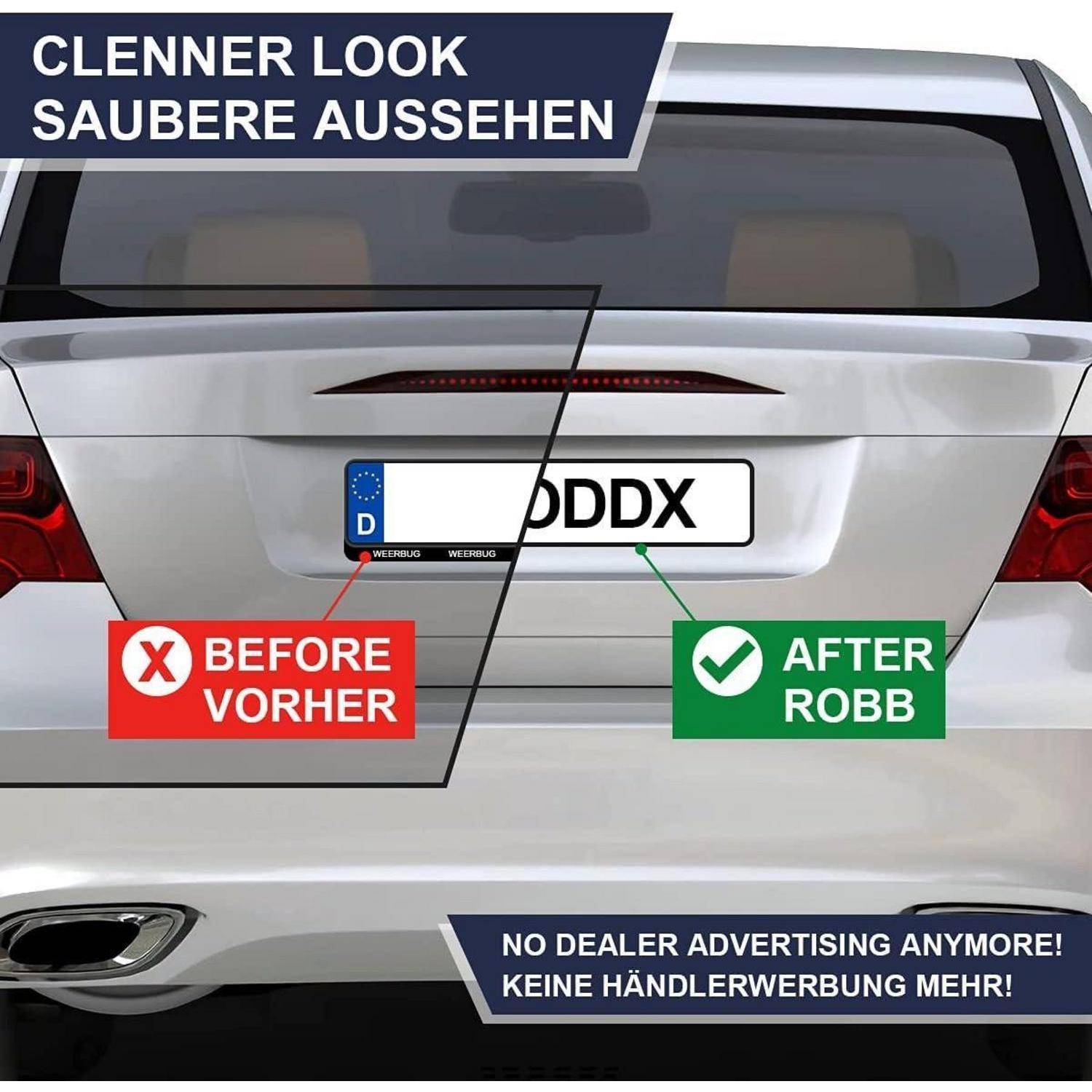 Heckansicht eines Autos mit einem Vorher-Nachher-Vergleich eines Kennzeichens; der Text sagt „sauberer Look