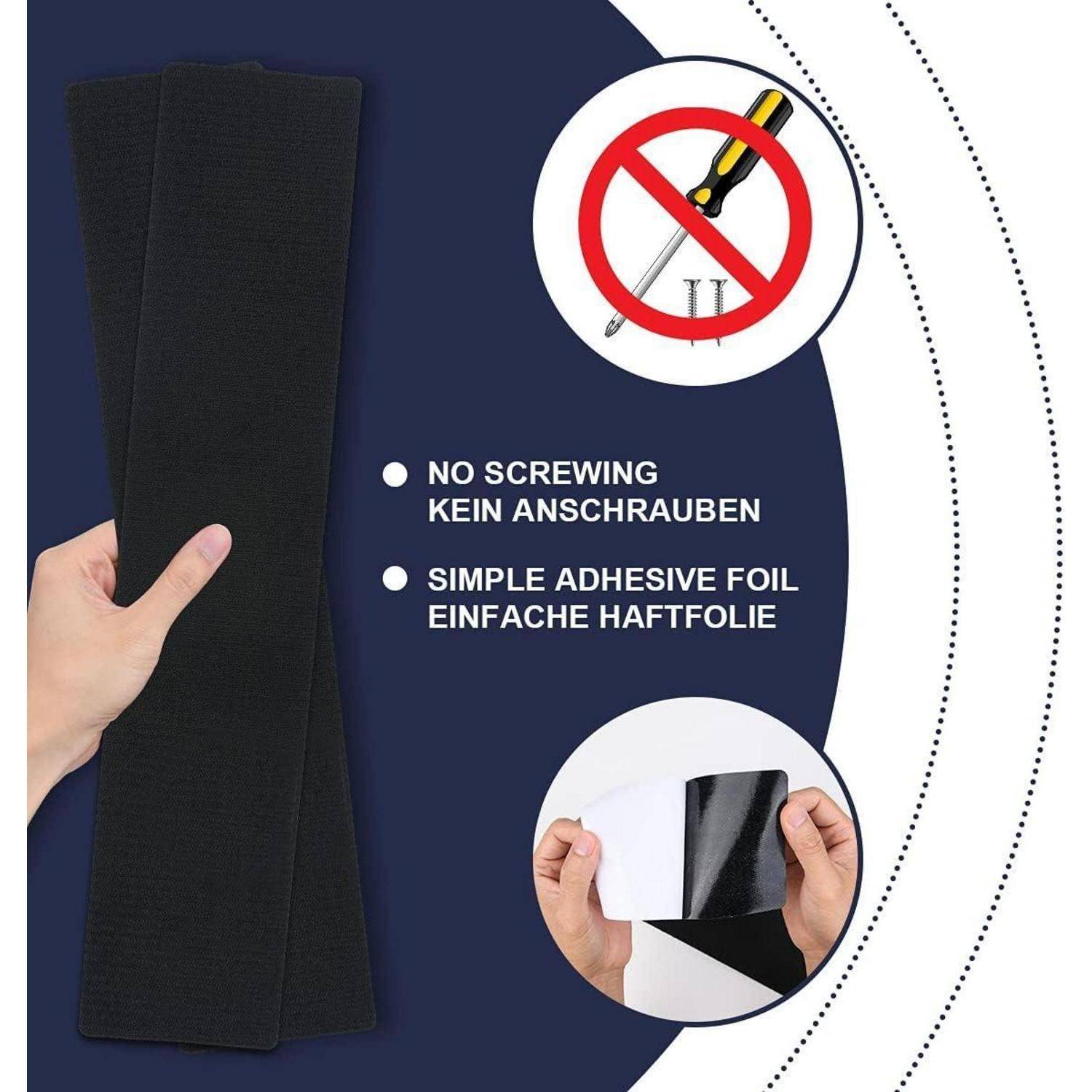 Haftfolienblatt in der Hand gehalten, mit Symbolen, die zeigen, dass kein Schrauben erforderlich sind und eine einfache Abzieh- und Aufklebanwendung möglich ist.