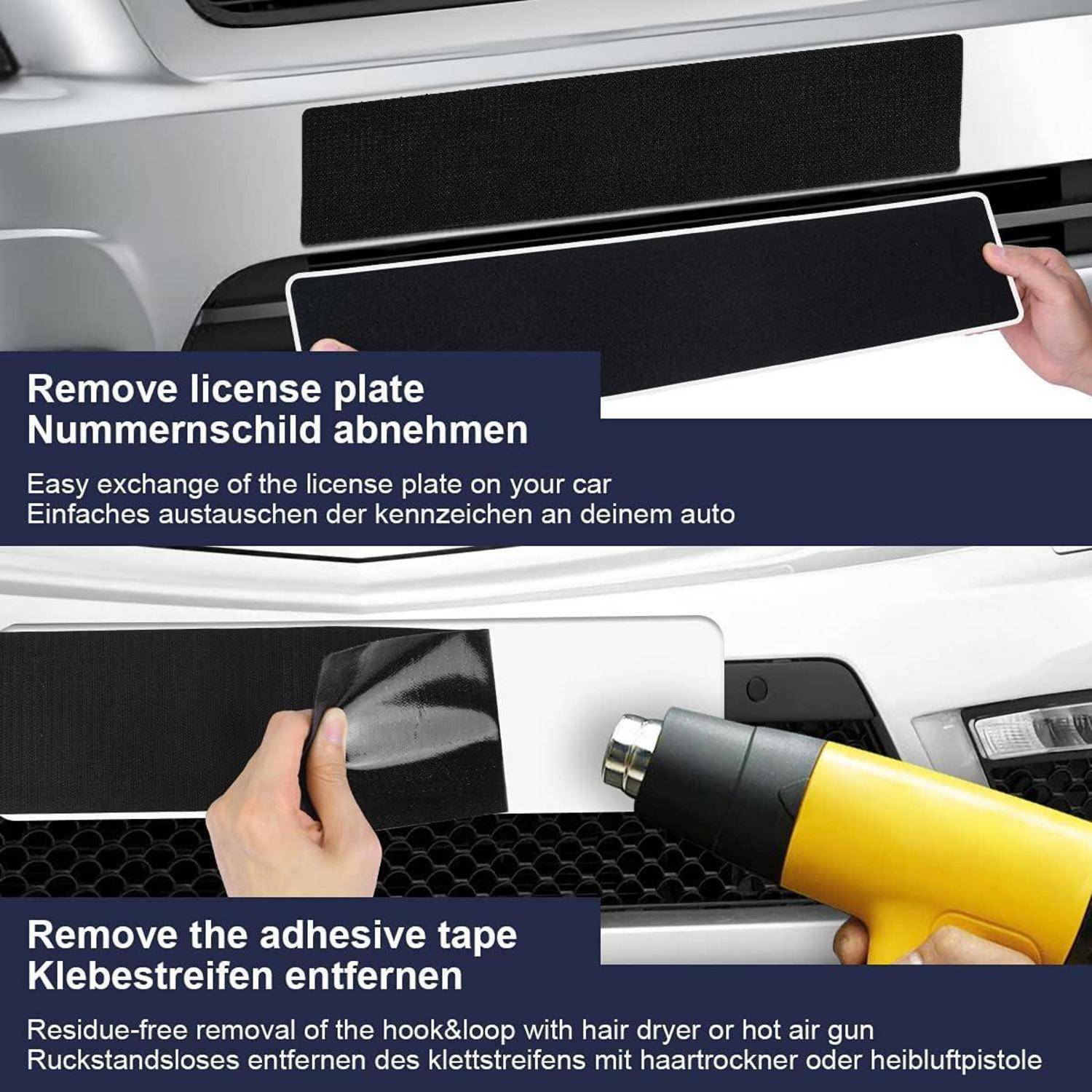 Autokennzeichenhalter-Demo: Entfernen einer Plakettabdeckung und Klebeband mit Händen und einem Heißluftfön zum einfachen Austausch des Kennzeichens.