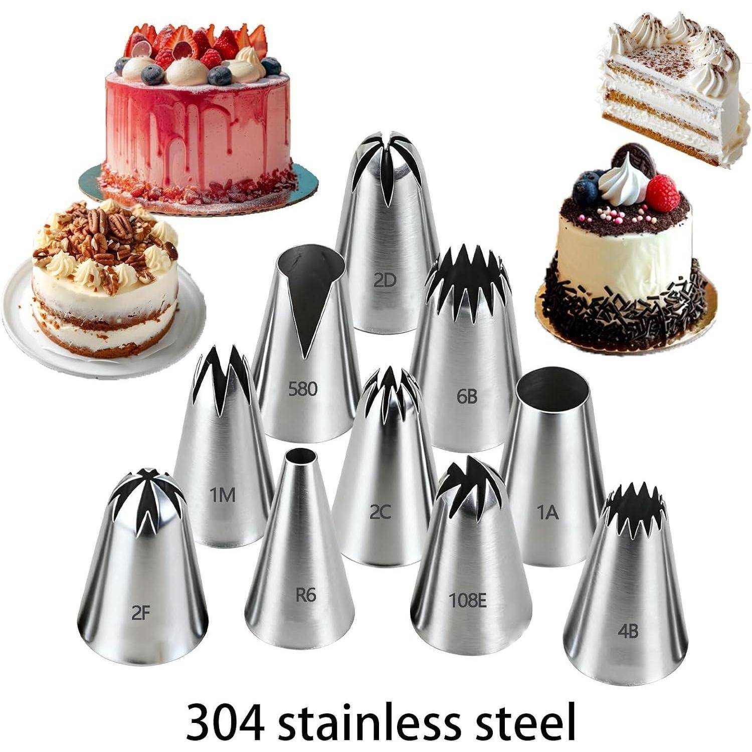 Assortierte Kuchenglasur-Spritztüten aus Edelstahl 304, beschriftet mit Düsengrößen und auf dekorierten Kuchen abgebildet.