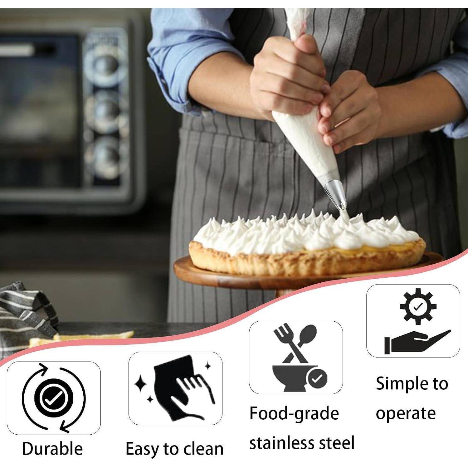 Eine Person trägt Frosting auf einen Kuchen auf; untere Symbole heben haltbaren, leicht zu reinigenden, lebensmittelechten Edelstahl und einfache Bedienung hervor.