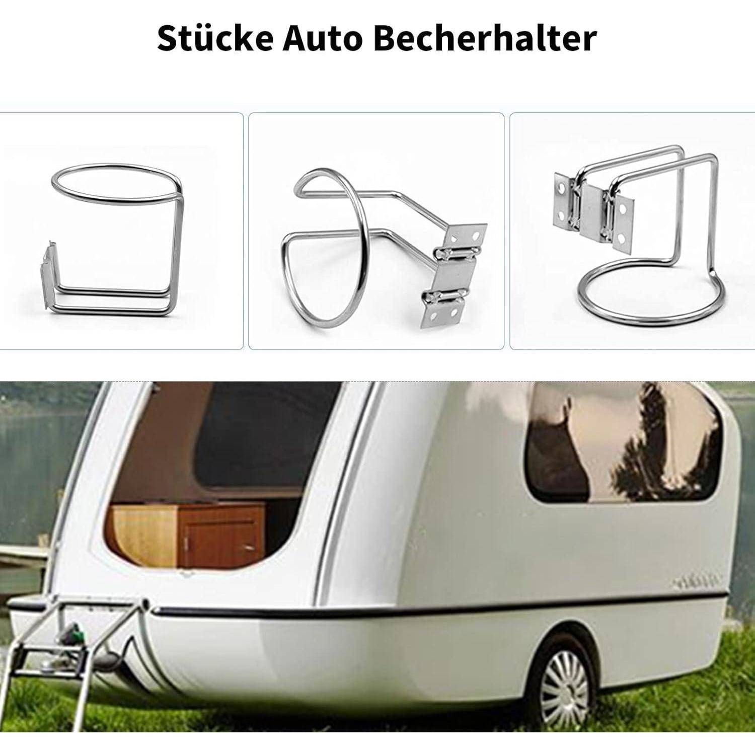 Drei Metallautobecherhalterhalterungen werden über einem kleinen weißen Wohnwagen gezeigt und zeigen Montagezubehör für das Fahrzeug.