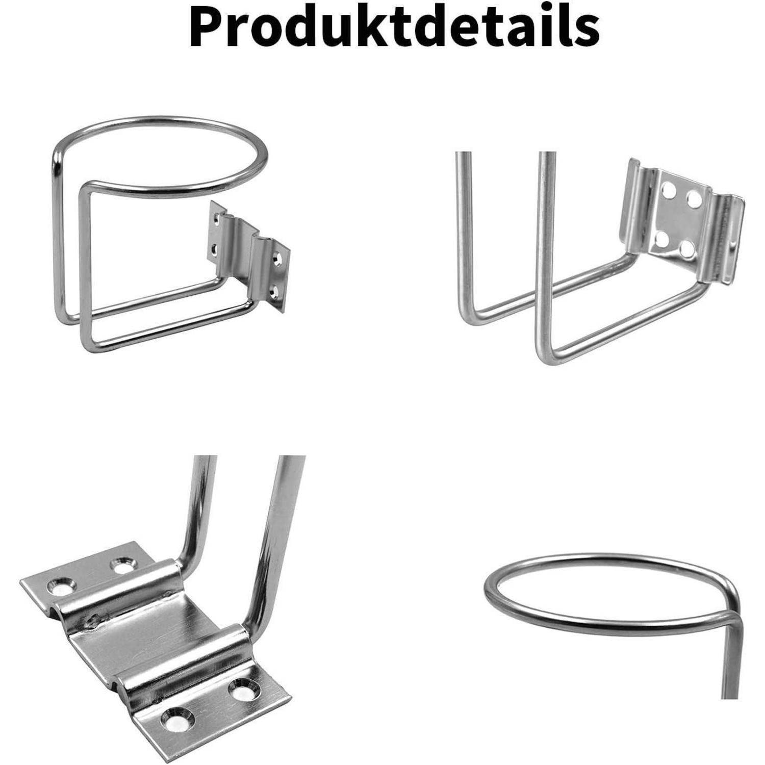 Produktdetails zeigt vier Ansichten einer an der Wand montierten Fahrradständer-Halterung aus Metall mit einer kreisförmigen vorderen Schlaufe und Schraubenplatte