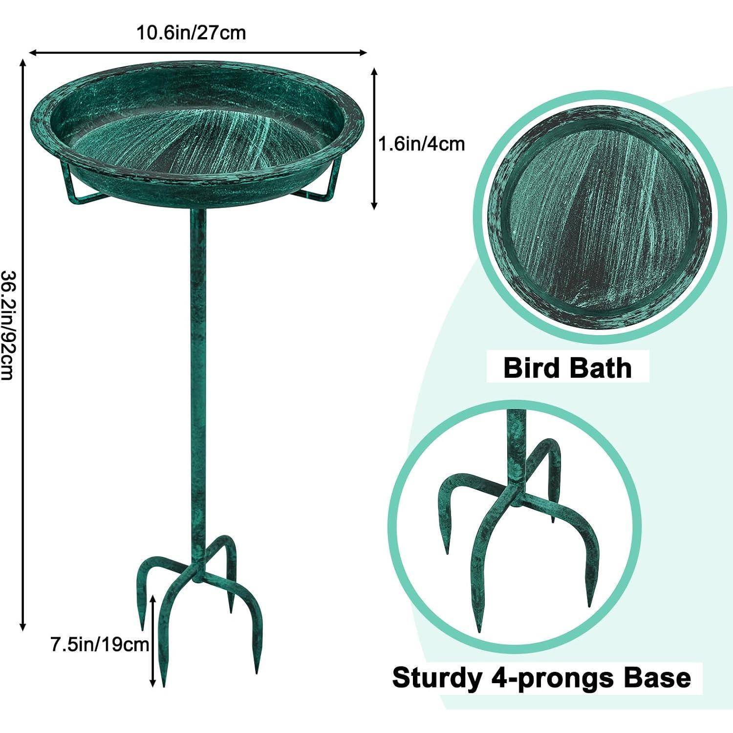 Illustration eines grünen Metallvogelsbads auf einem 92 cm hohen Ständer mit einer 27 cm großen Schale, 4 cm tief, und einer stabilen 4-zackigen Basis.