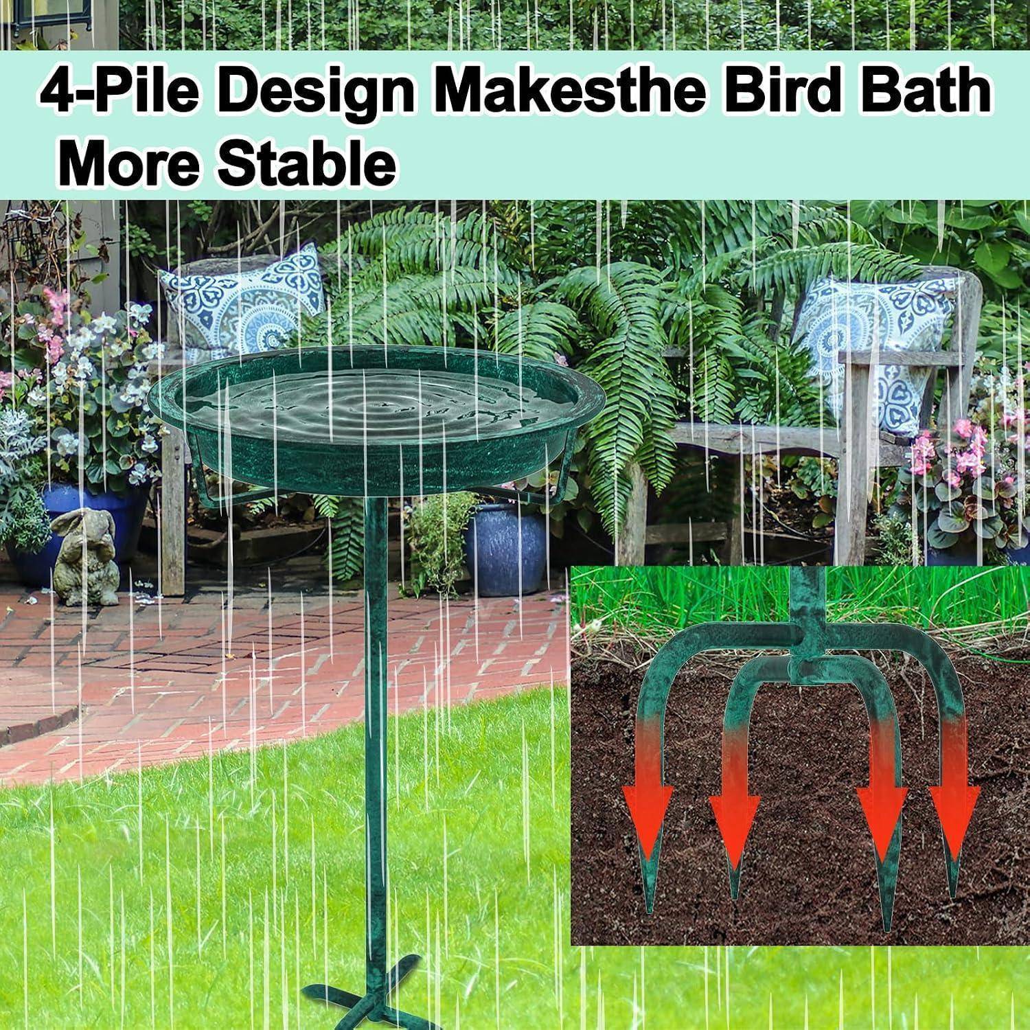 Illustration eines Vogelbads mit der Bezeichnung „4er-Pfahl-Design macht das Vogelbad stabiler", das ein rundes Sockelbad auf vier Beinen zeigt, sowie eine Vergrößerung der vierbeinigen Basis im Boden.