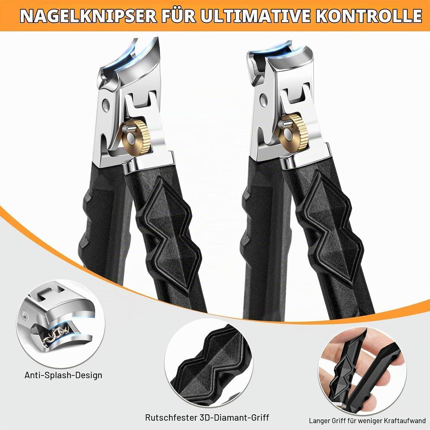 Produktbild von zwei Nagelknipsern mit schwarzen ergonomischen Griffen, beschriftet mit „NAGELKNIPSER FÜR ULTIMATIVE KONTROLLE