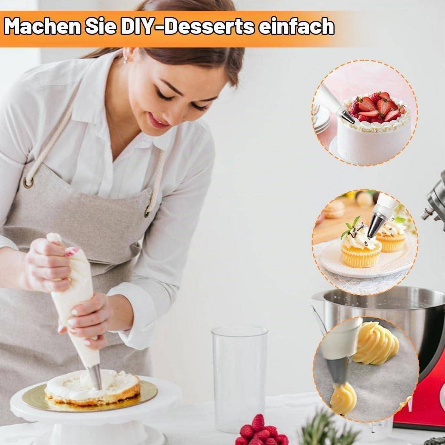 Frau spritzt Zuckerguss auf ein Dessert, während 