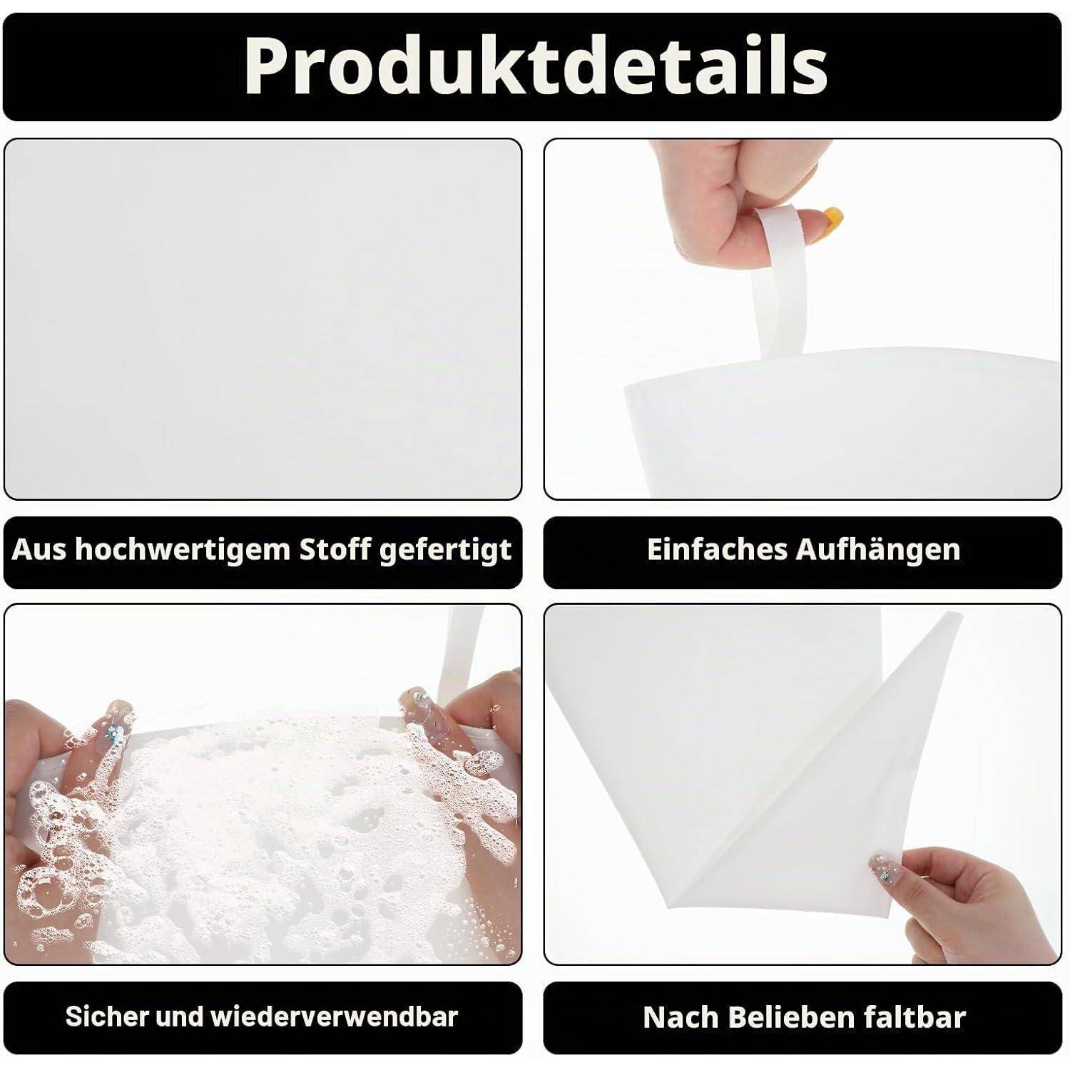 Produktdetails-Infografik mit einer weißen Hängetasche aus hochwertigem Stoff, leicht zu hängen, waschbar und wiederverwendbar, sowie faltbar.