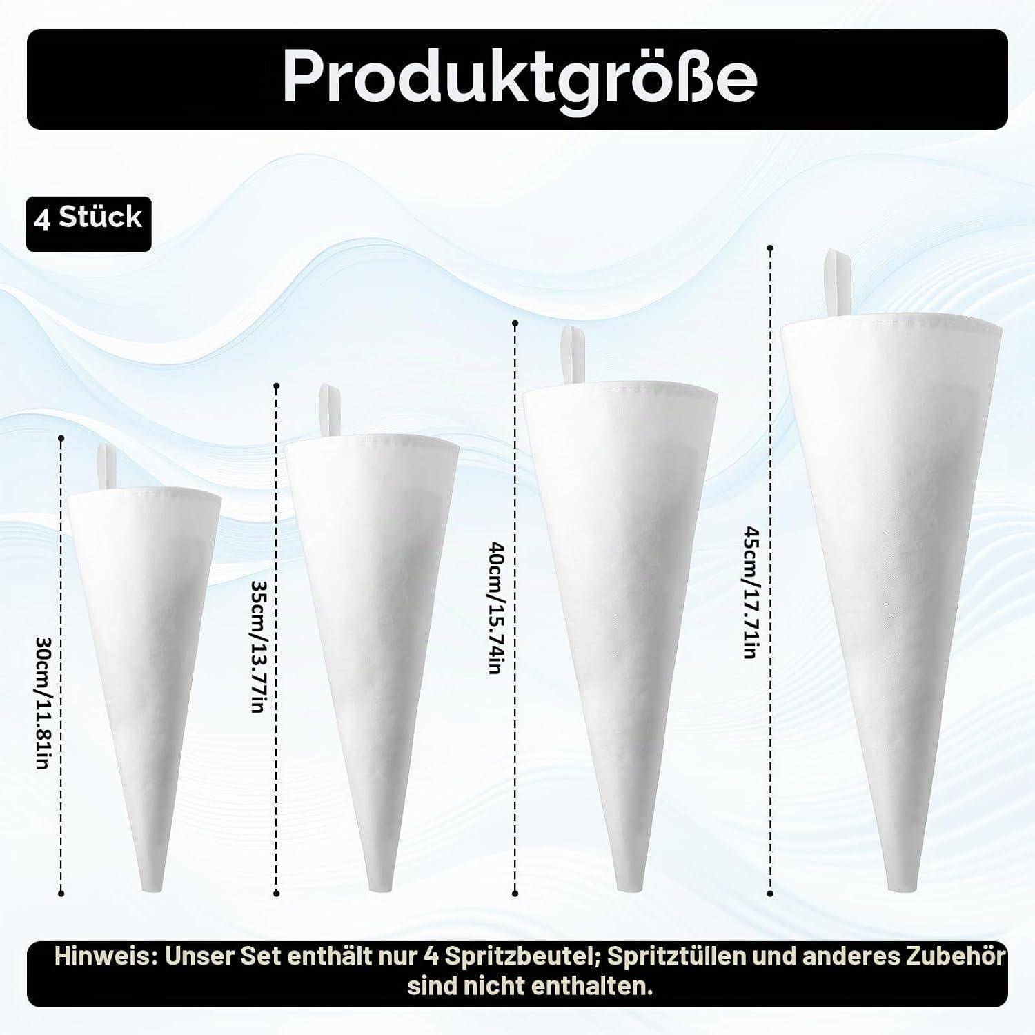 Größentabelle für 4 Spritzbeutel, die vier Kegeltformen mit Höhen von 30 cm, 35 cm, 40 cm und 45 cm zeigt; Hinweis besagt, dass nur 4 Spritzbeutel enthalten sind.
