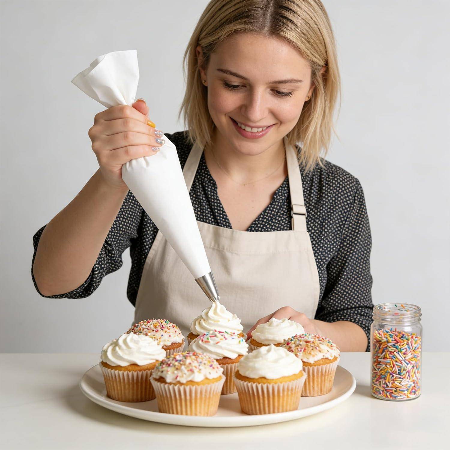 Lächelnde Frau in einer Schürze spritzt weiße Glasur mit einer Spritztüte auf Cupcakes auf einem Teller, mit einem Glas bunter Zuckerperlen neben ihr.