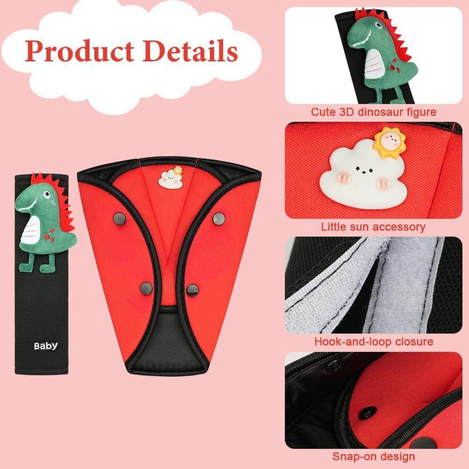 Produktdetails für eine rot-schwarze Babytrage mit niedlicher 3D-Dinosaurier-Figur, Sonnenzubehör, Klettverschluss und Schnappverschluss-Design.