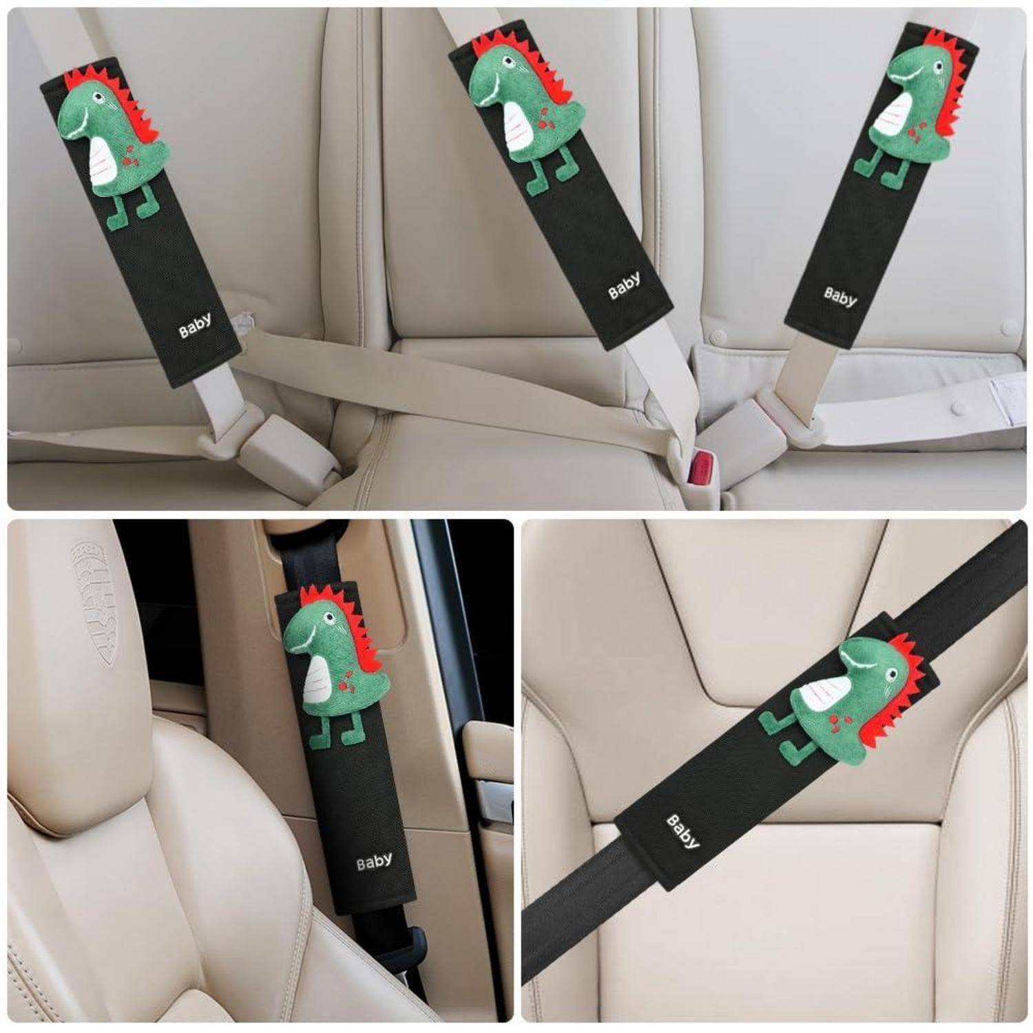 Babysicherungsgurt-Überzüge mit Cartoon-Dinosaurier-Verzierungen auf beigen Autositzen.