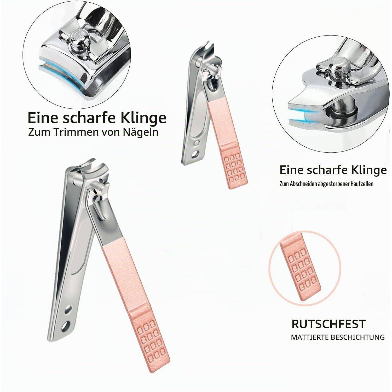 Produktbild einer Nagelschere mit rosa strukturiertem Griff, das scharfe Klingen zum Schneiden von Nägeln und zum Entfernen von Häutchen hervorhebt, sowie eine rutschfeste matte Beschichtung.