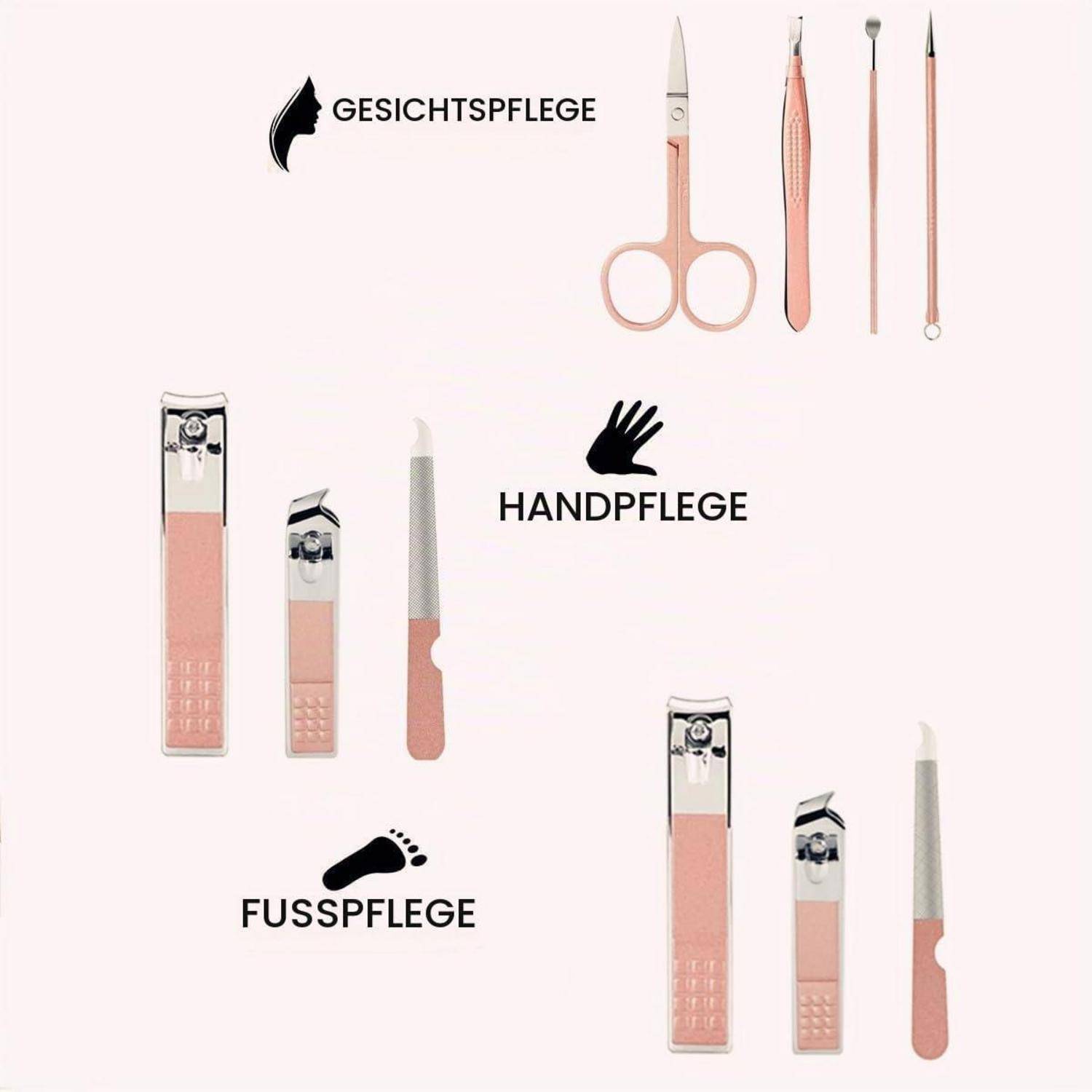Rosa Manicure- und Pedicure-Pflegeset mit Nagelknipsern, Scheren, Pinzetten, Nagelhaut-Werkzeugen und Feilen mit den Aufschriften „GESICHTSPFLEGE