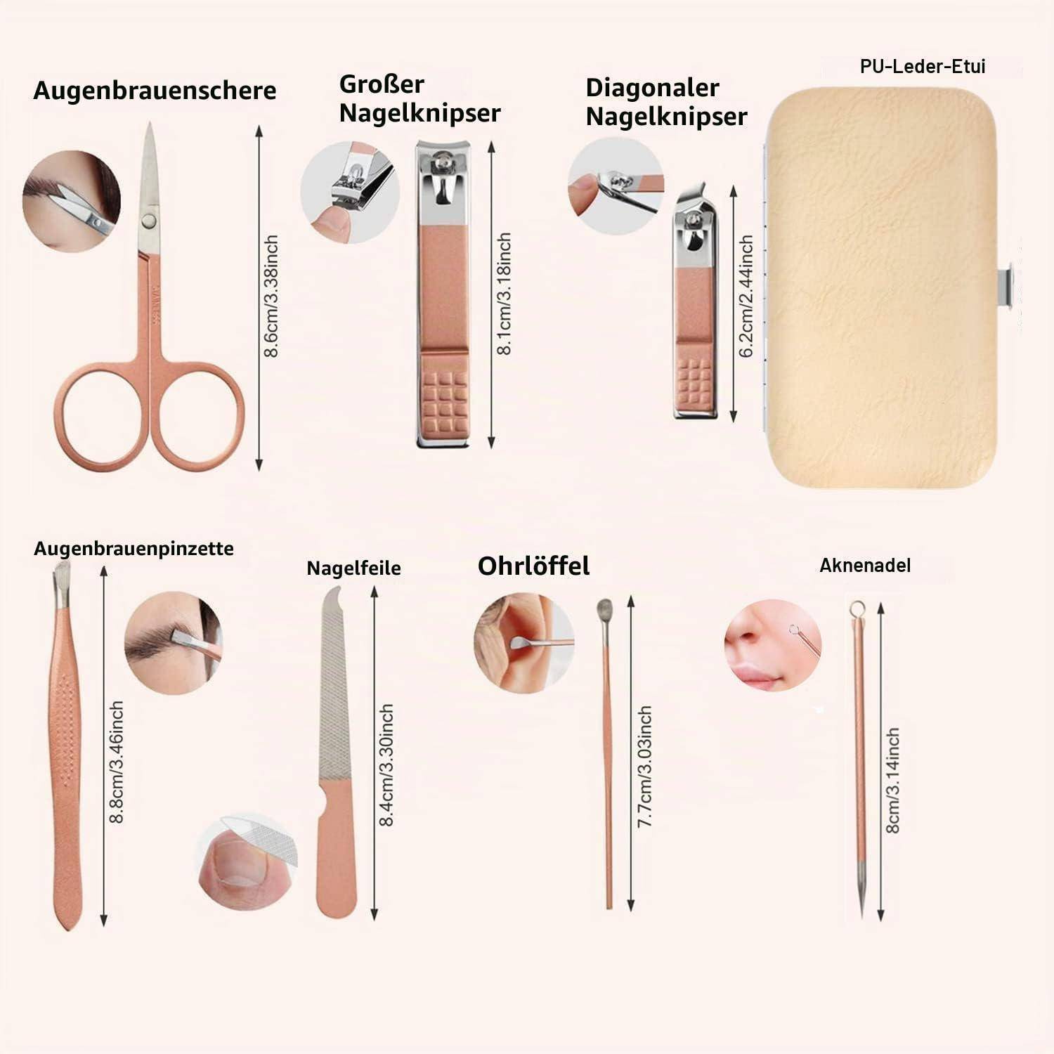 Diagramm eines Maniküre- und Pflegeset, das Augenbrauenscheren, Nagelknipser, Augenbrauen-Pinzetten, Nagelfeile, Ohrenlöffel, Akne-Nadel und Etui aus PU-Leder mit Größenangaben zeigt.