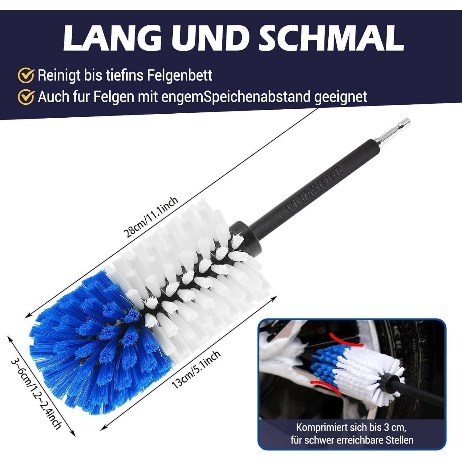 Produktbild eines langen, schmalen Felgenpinsel mit blauen und weißen Borsten, gekennzeichnet mit „LANG UND SCHMAL
