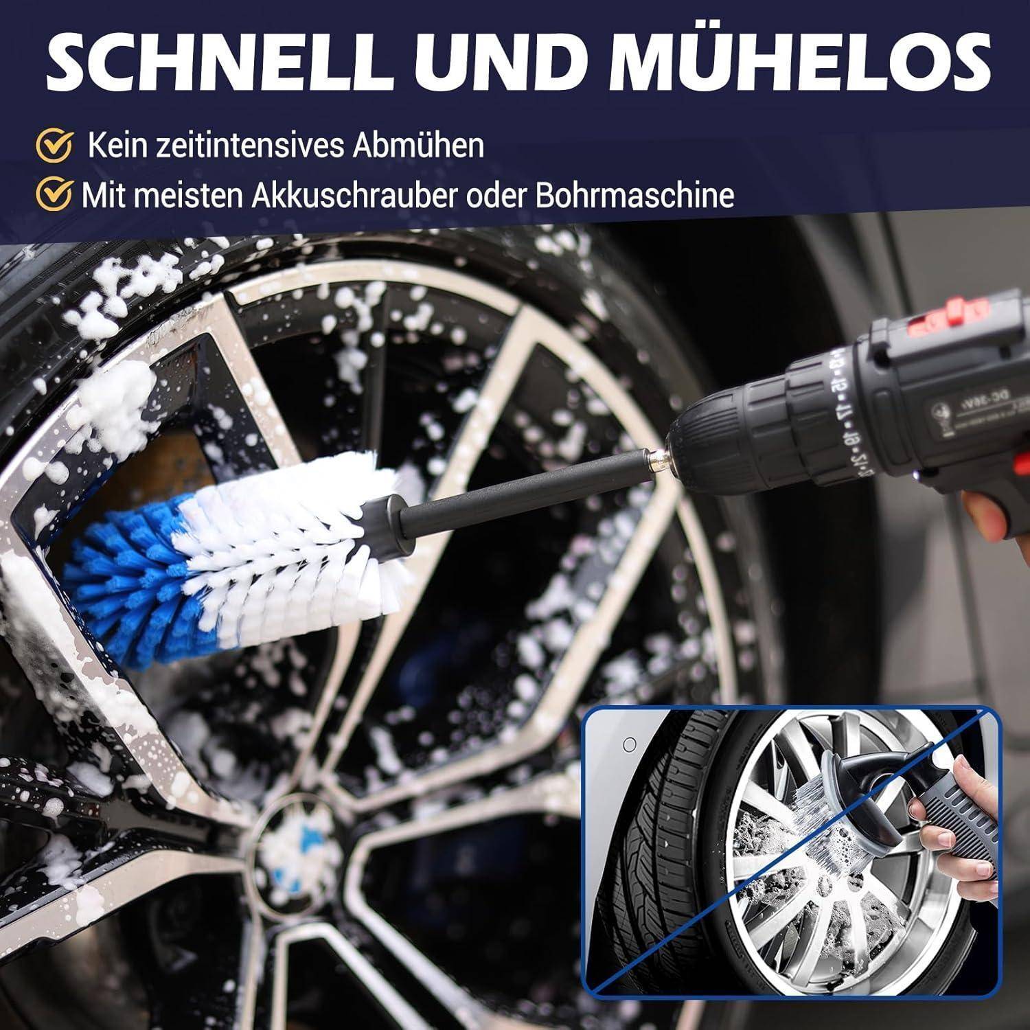 Werbebild einer bohrmaschinen-betriebenen Felgenreinigungsbürste, die eine Autofelge schrubbt, mit deutschem Text „Schnell und mühelos